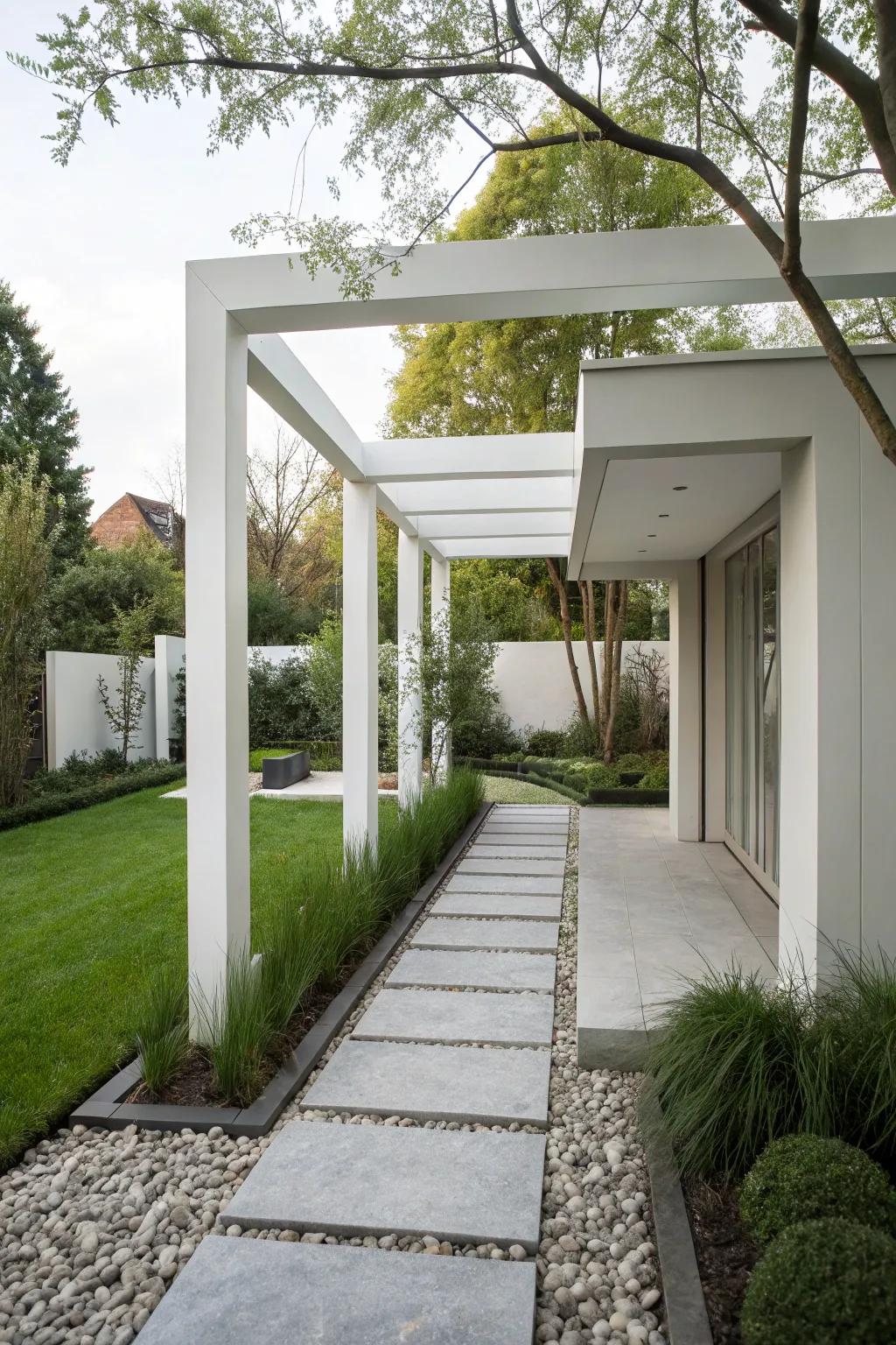 A smooth modern arbor upgrading a contemporary garden.