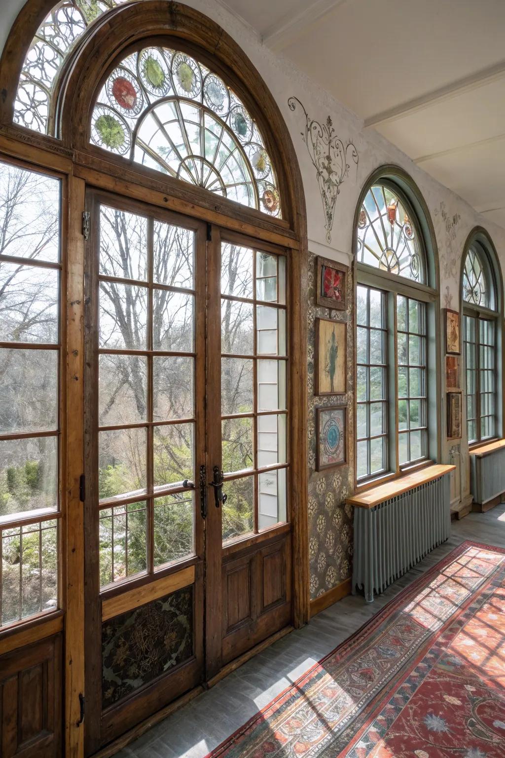 An eclectic chamber showcases blended material arrangement on arched windows.