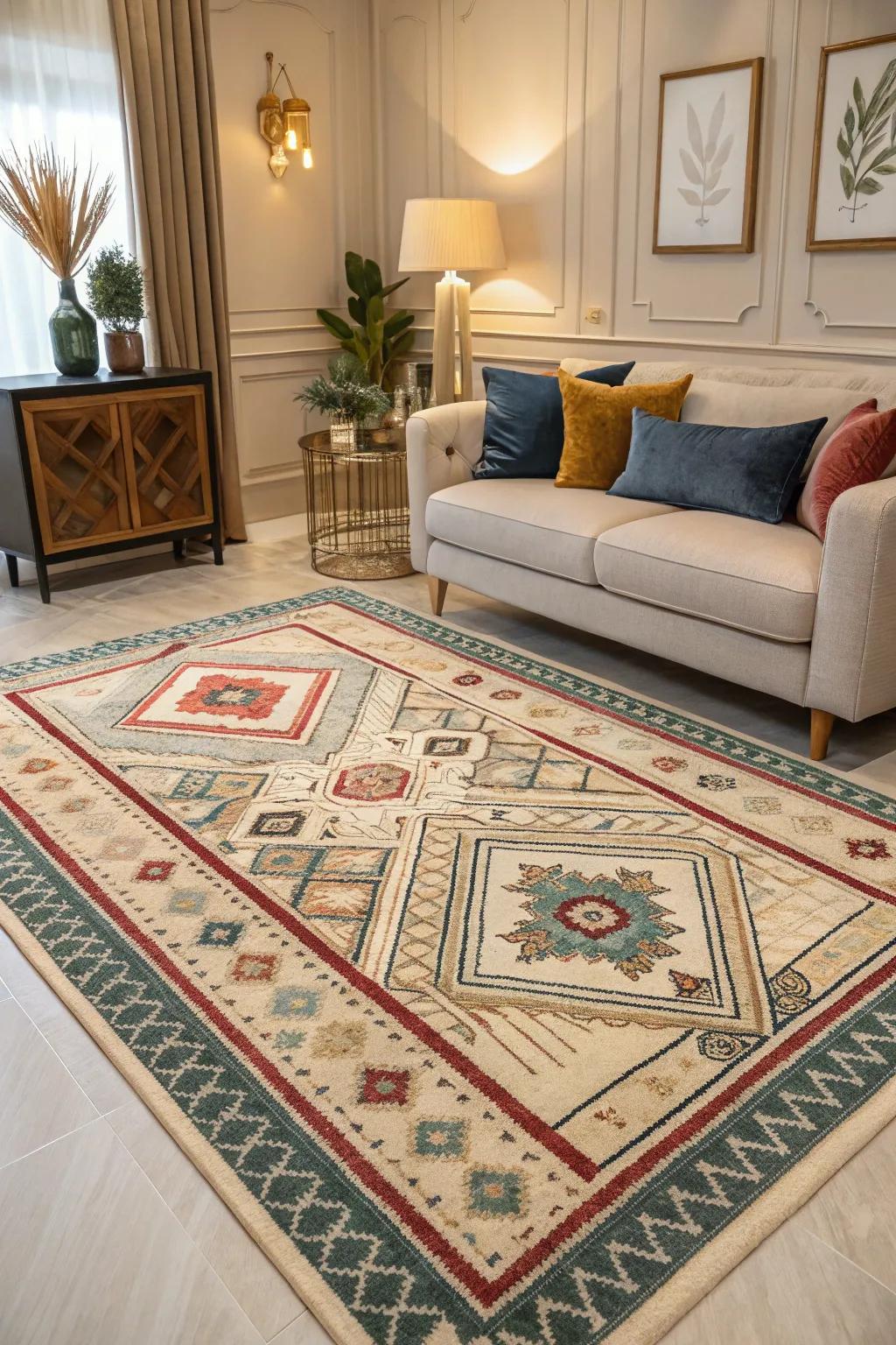 Complex floor coverings anchoring the room with elegance.