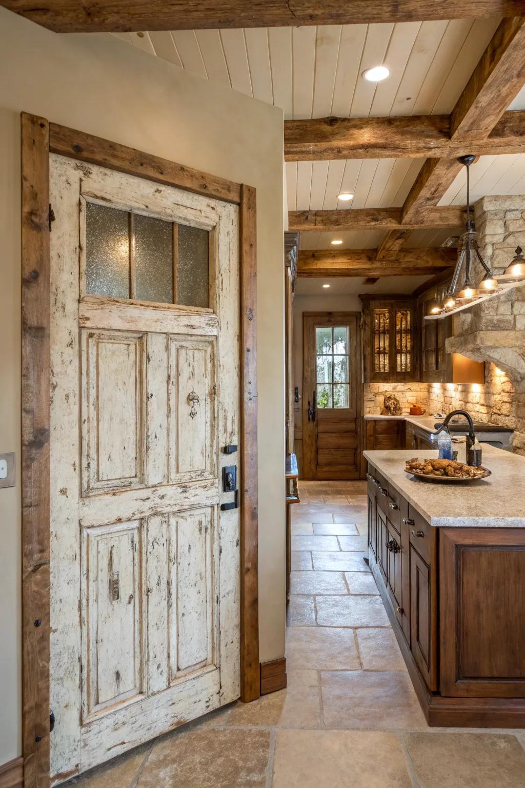 A door with a distressed finish that adds vintage charm and warmth.