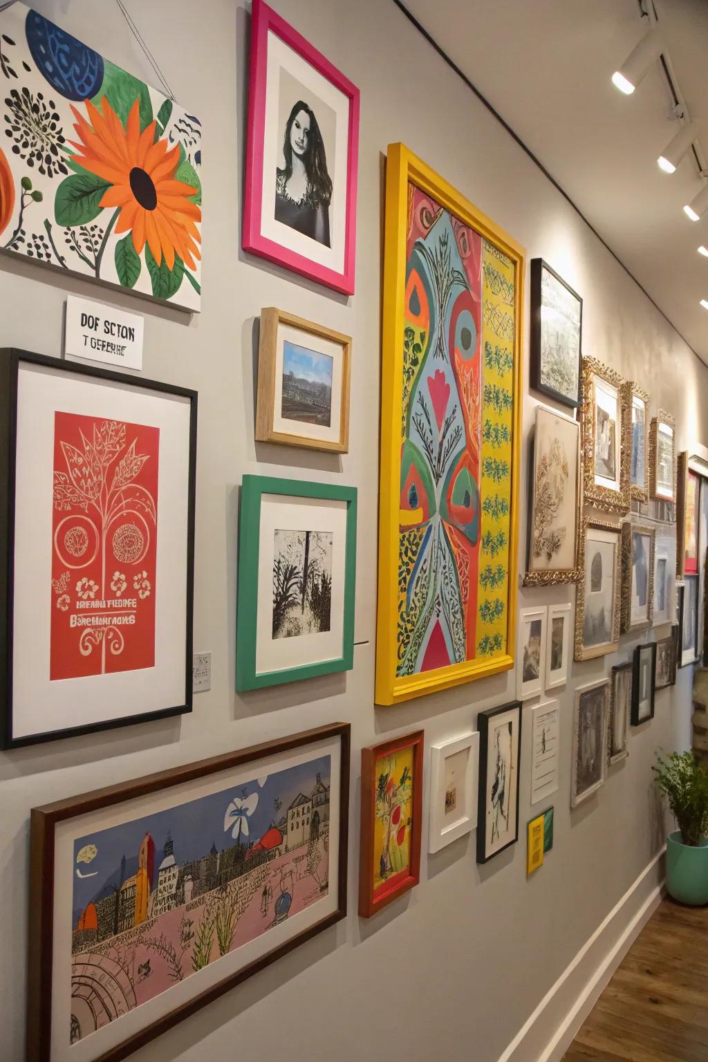 Varied art generates a singular and personalized impression in this space.