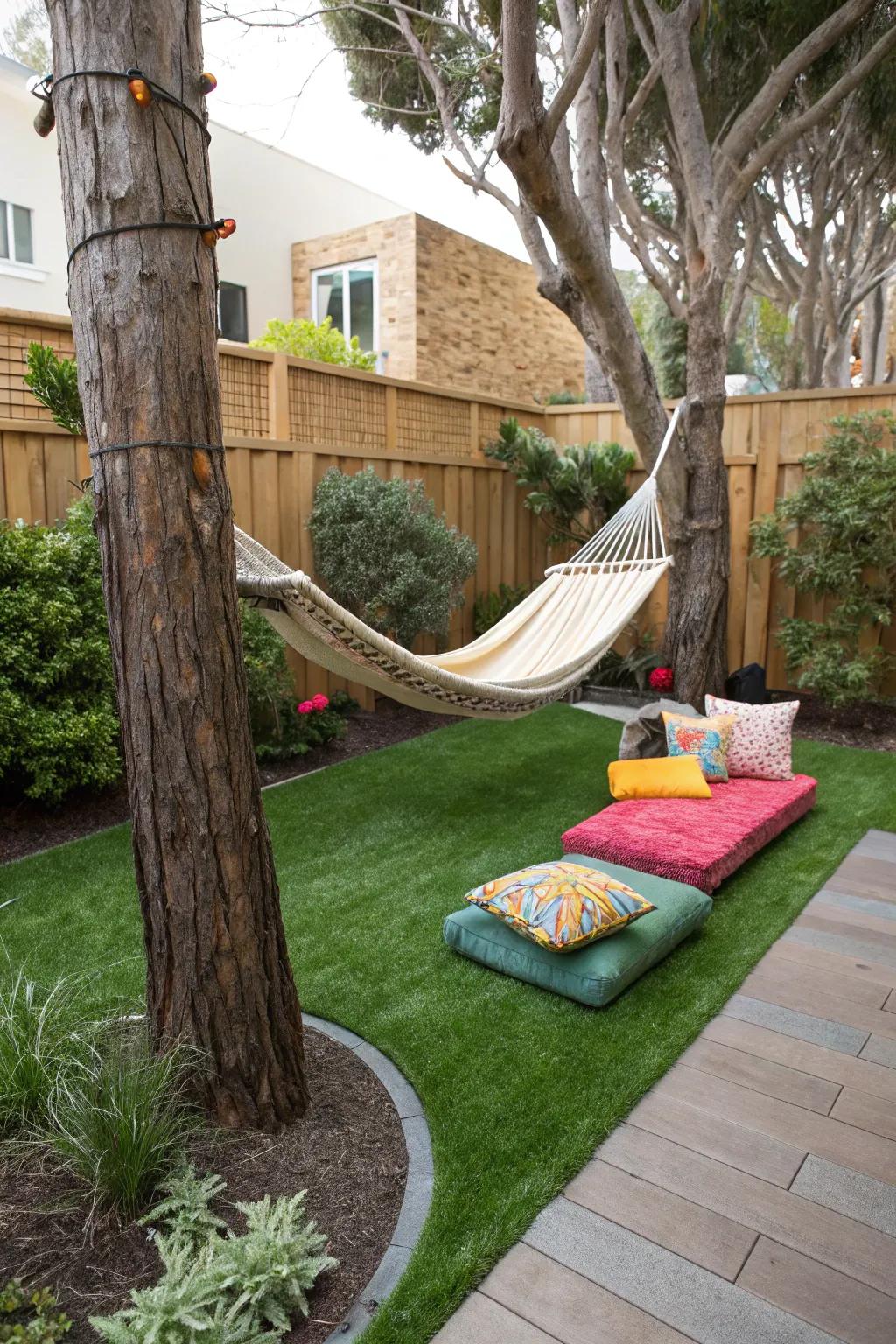 Find your personal retreat with a comfortable relaxation nook on synthetic lawn.