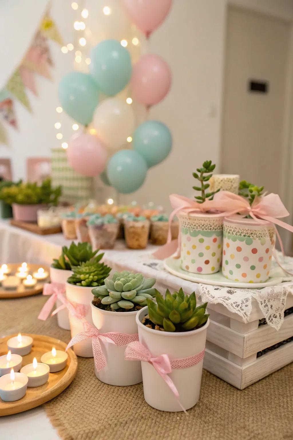 Themed baby shower tokens like mini succulents and scented tapers fashion considerate gifts.