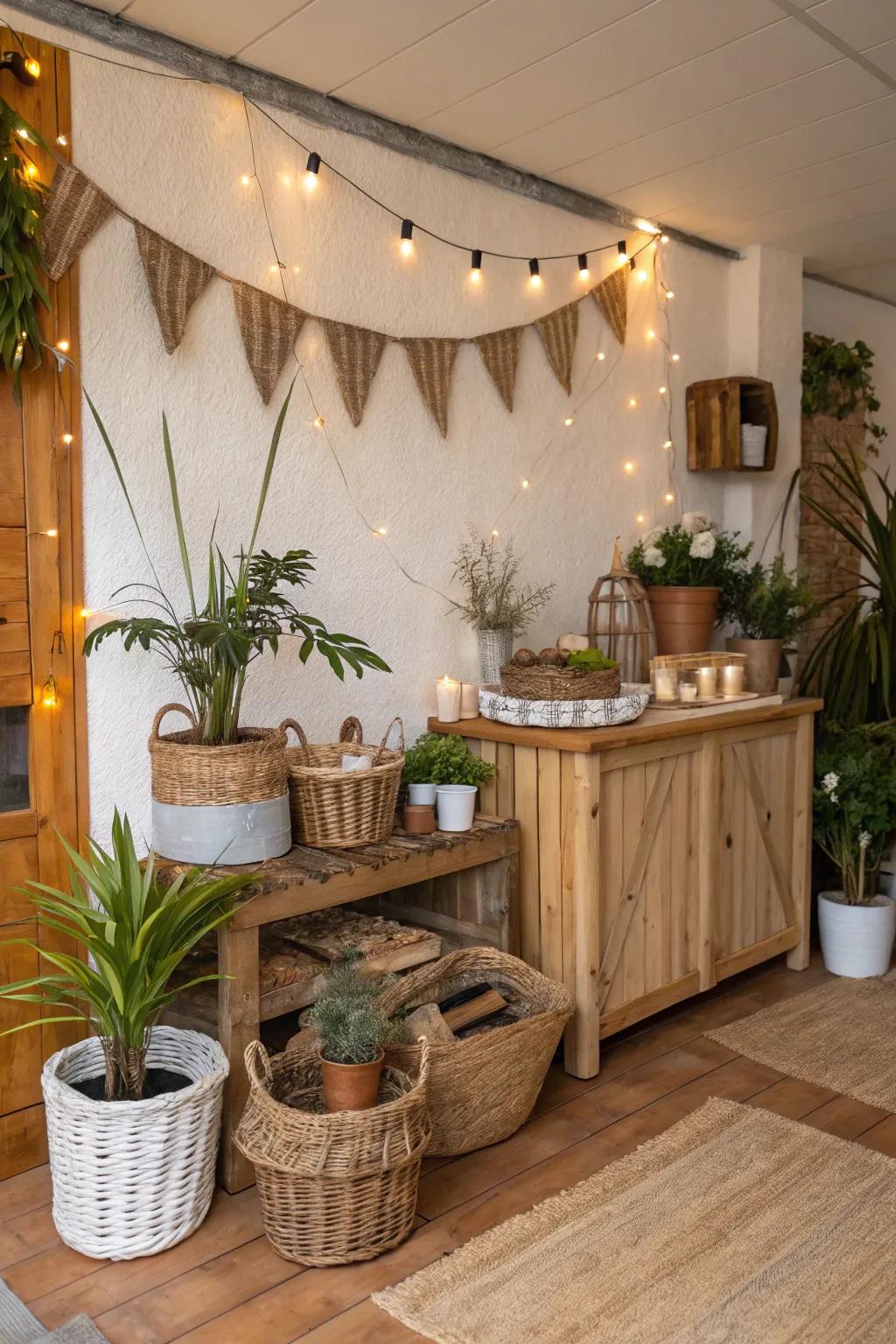 Introduce warmth through a countryside timber backdrop.
