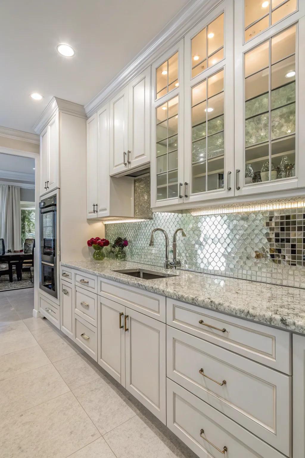 Mirrored tiles broaden the sensation of expanse and elevate the cooking area's luminous and airy sensation.