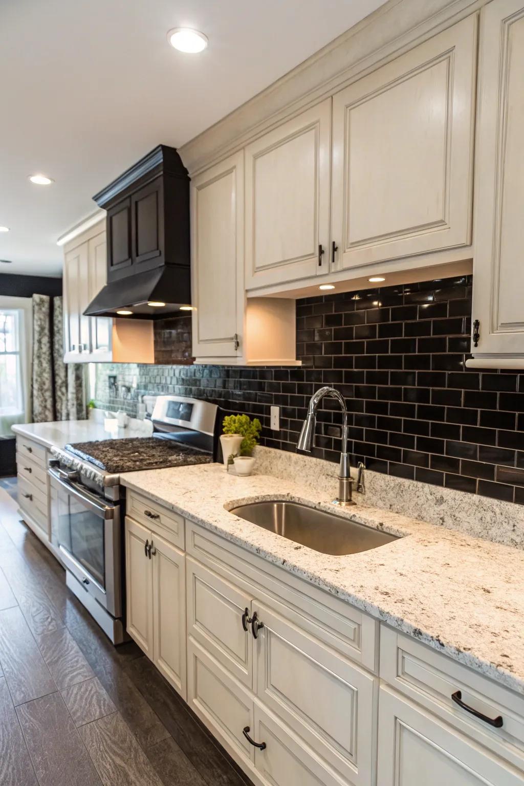 Light stone contrasts dramatically with a dark backsplash.