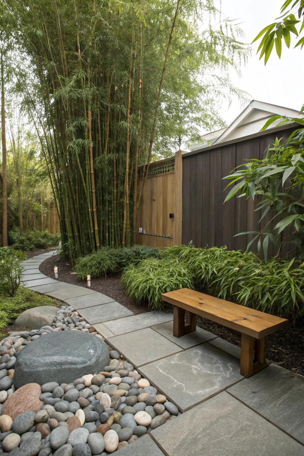 A Zen corner delivers calmness using bamboo and stones.