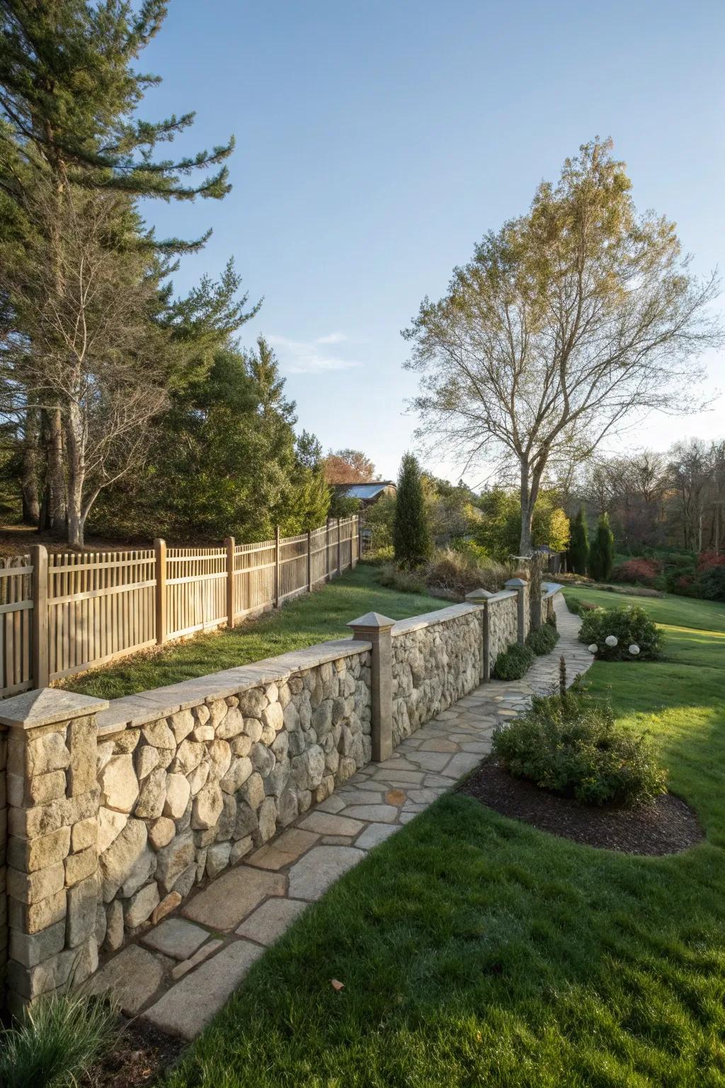 A stone fence provides durability and organic harmony.