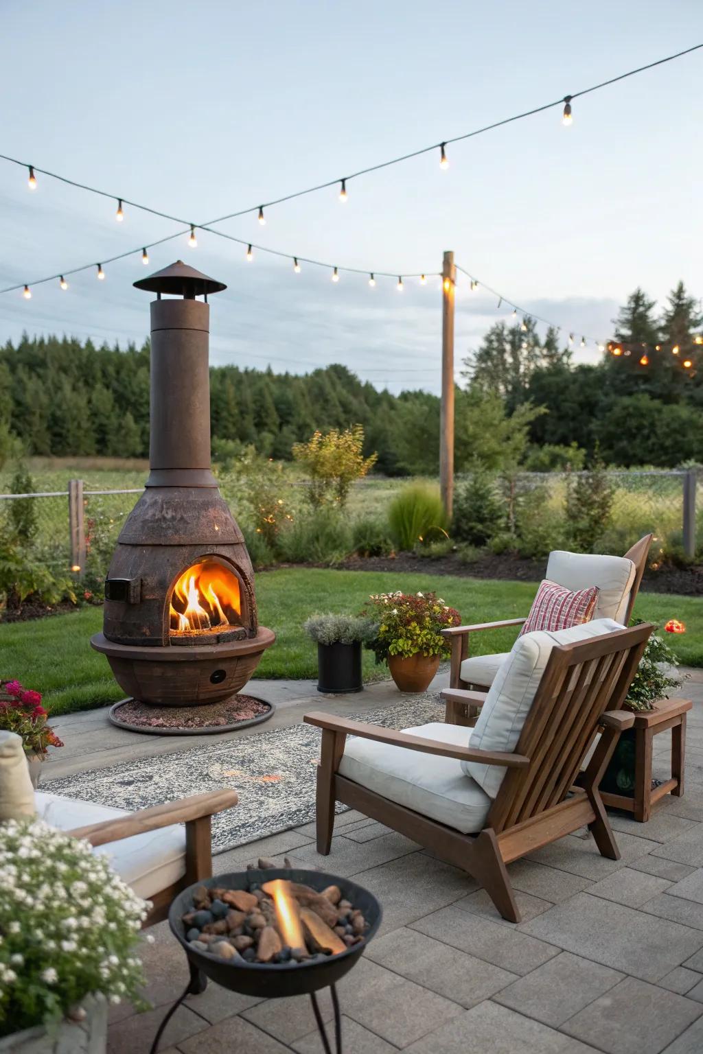 For small outdoor spaces, chimineas offer charm and efficiency.