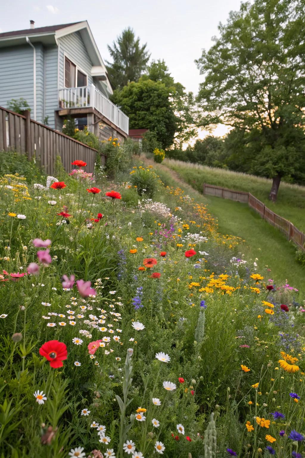 A wildflower meadow brings vibrant life and color to a hill.