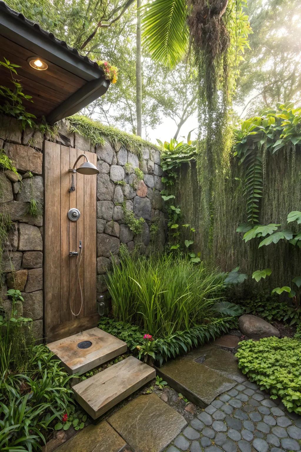 An outdoor cleansing station encircled by abundant verdure for a natural sensation.