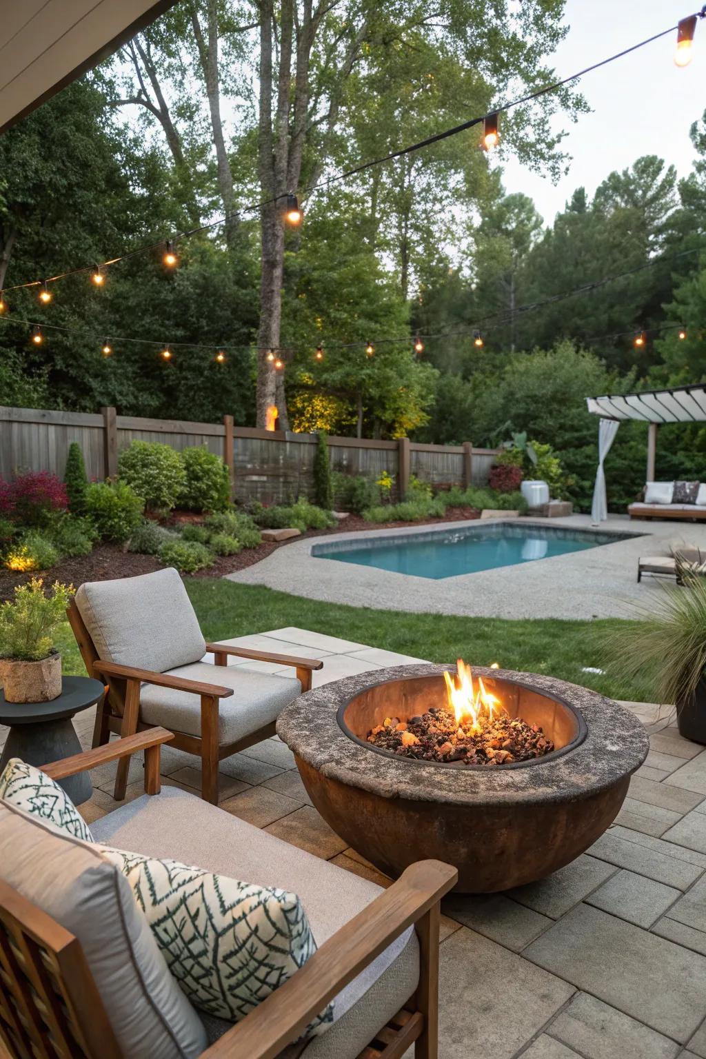 Incorporate warmth and charm with a rustic fire bowl.