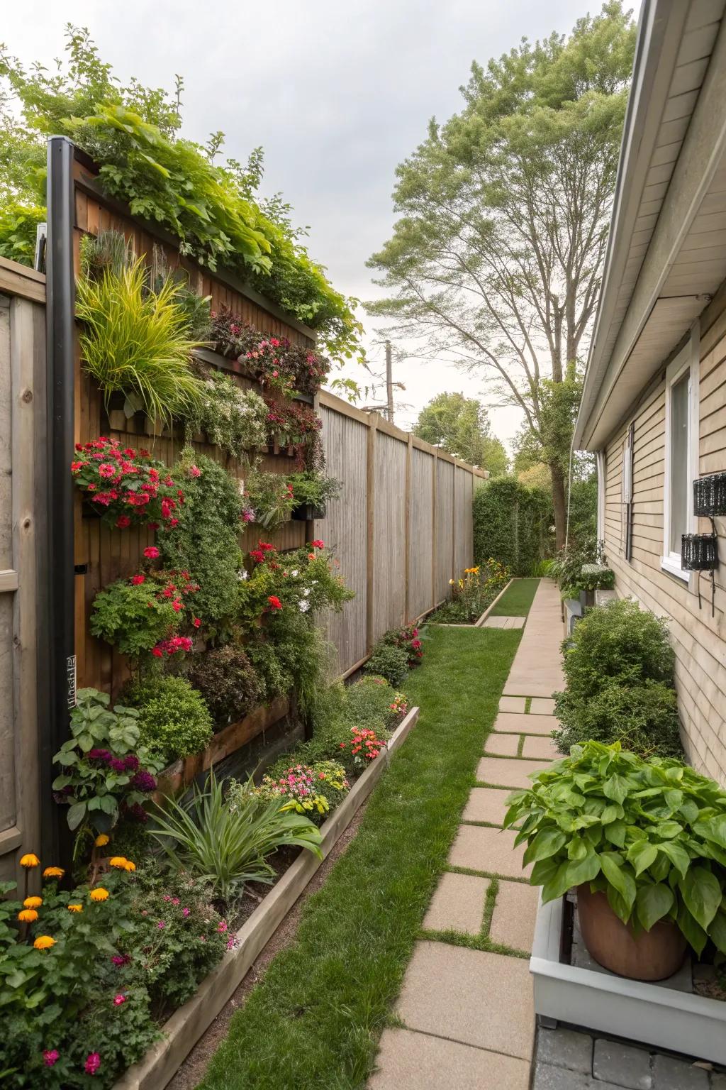Vertical gardens provide privacy in small spaces.