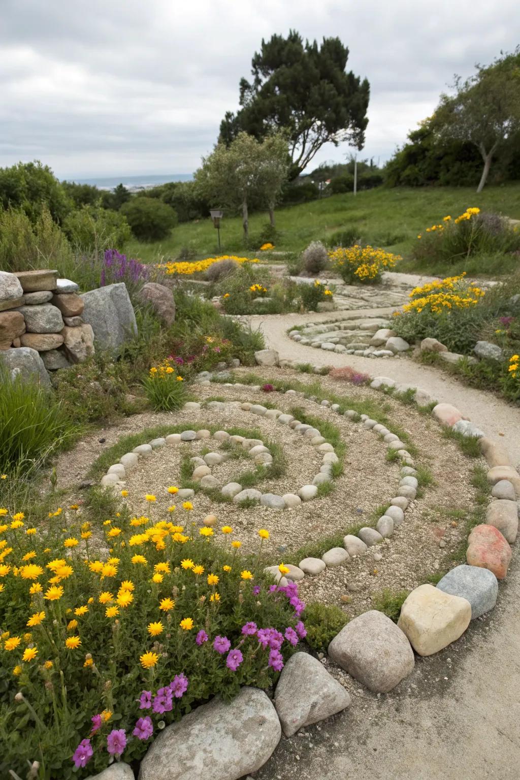 Art installations with river rocks showcase creativity.