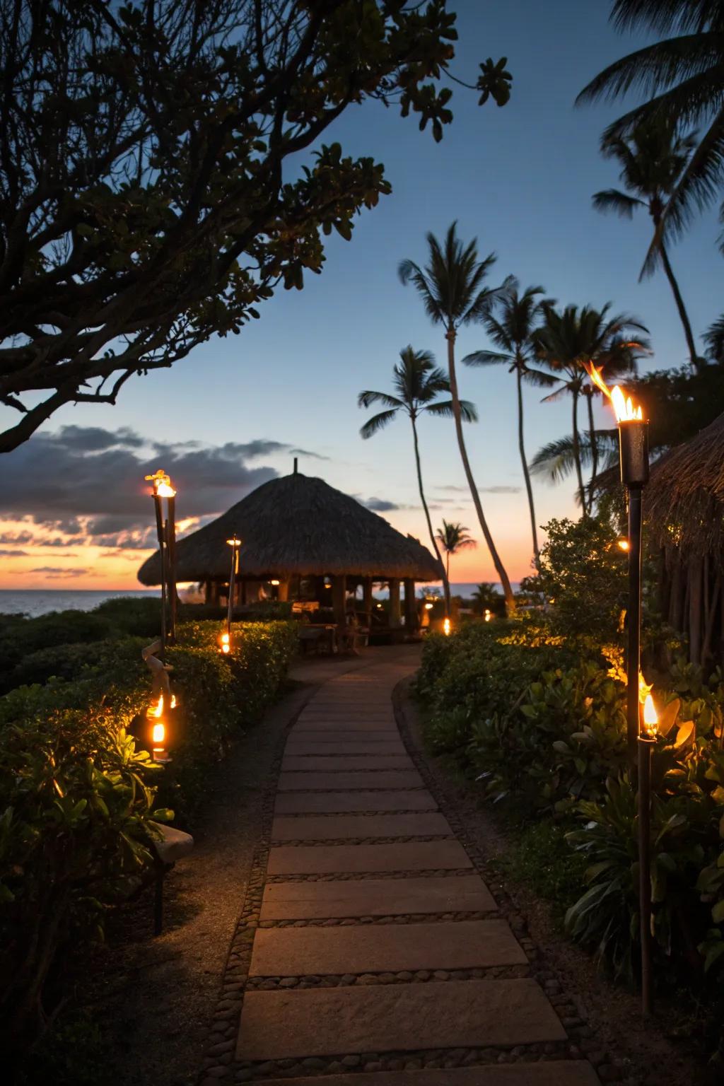 Tiki lamps light the way to your tropical getaway.
