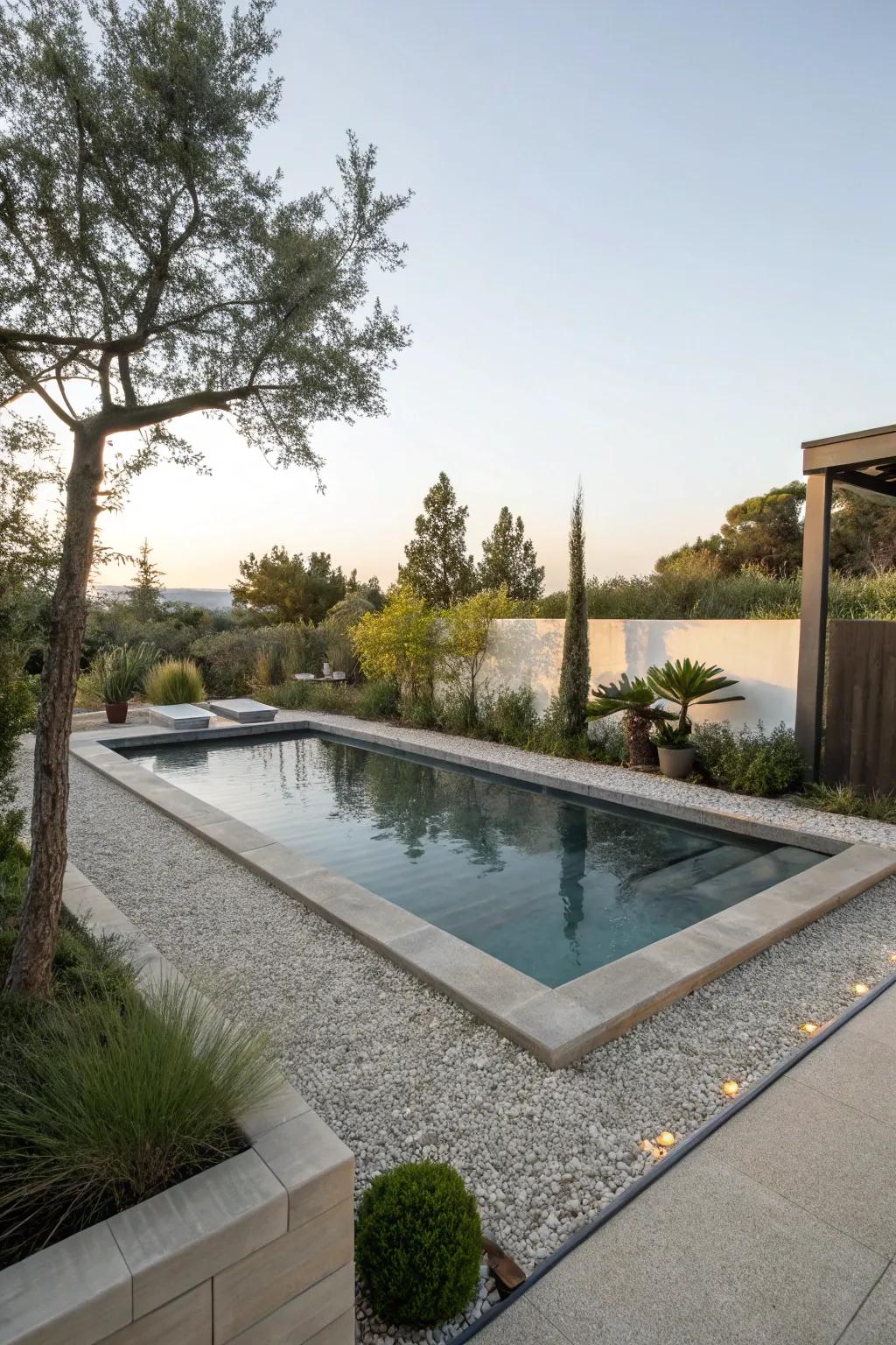 Small stones add a stylish, textural edge to your pool zone.