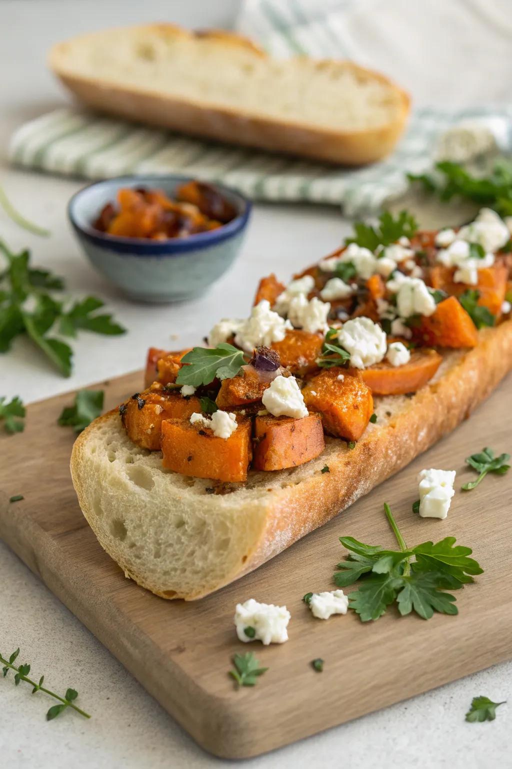 A hearty fusion of sweet potatoes and feta on a baguette.