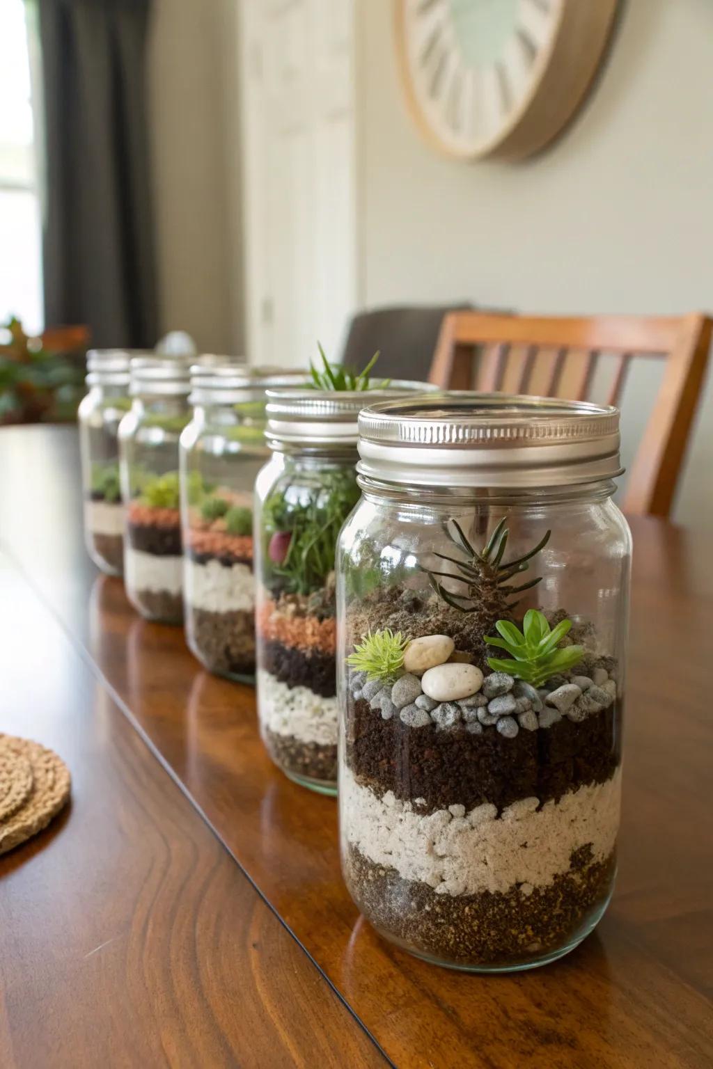 Charming terrariums created from preserving jars contribute natural beauty.