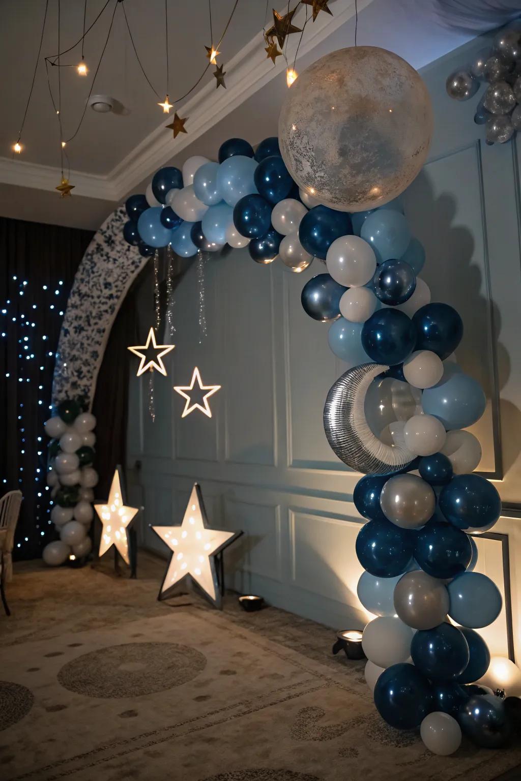 Starry night balloon garland for a celestial feel.