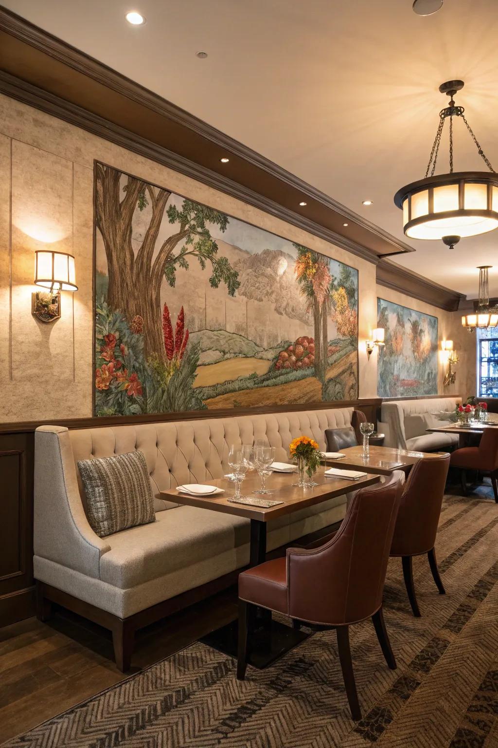 A dining room featuring banquette seating highlighted by a decorative mural.