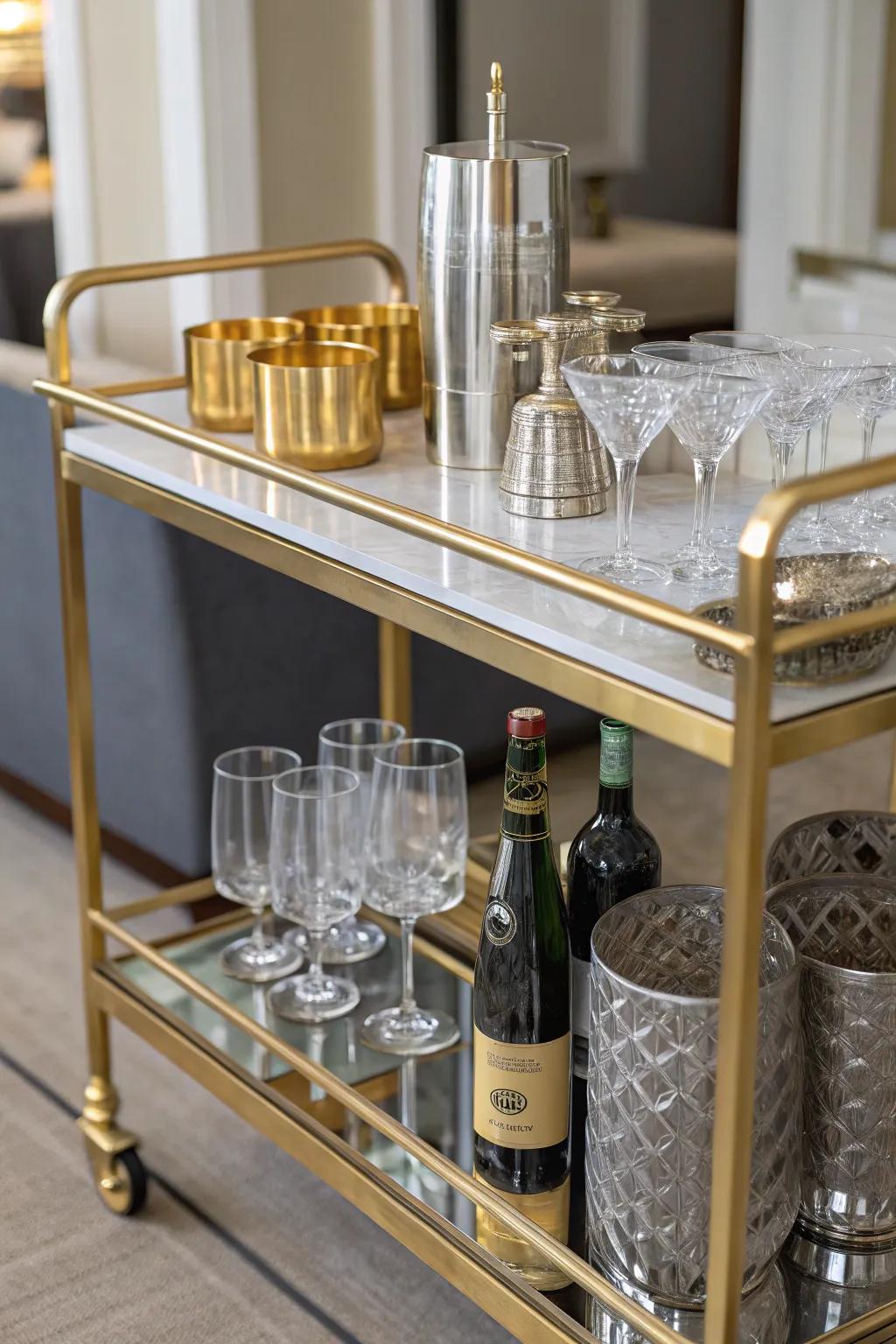 Opulent metallic accents elevate the mobile bar.