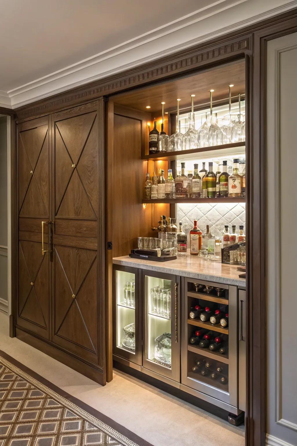 A secret bar adds a hint of mystery.