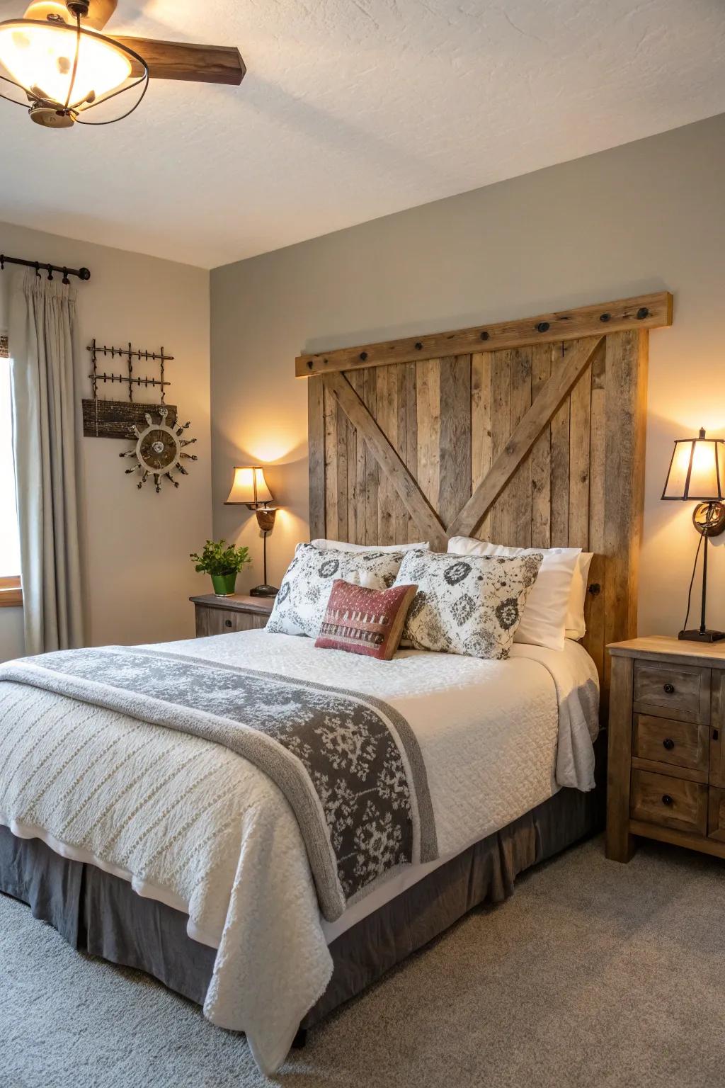 Enhance your bedroom through a barn wood headboard.