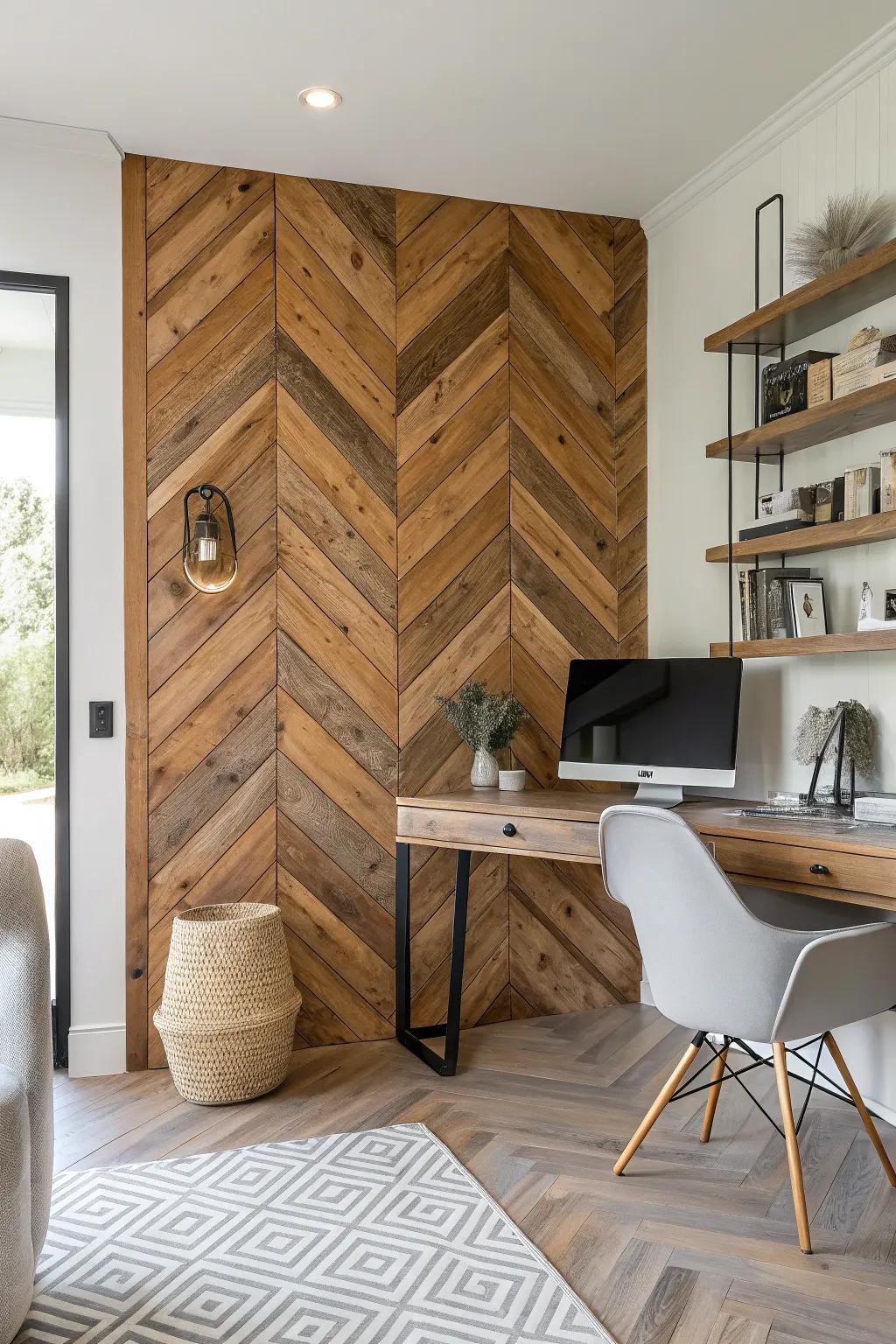 Barnwood herringbone pattern adding elegance to a wall.