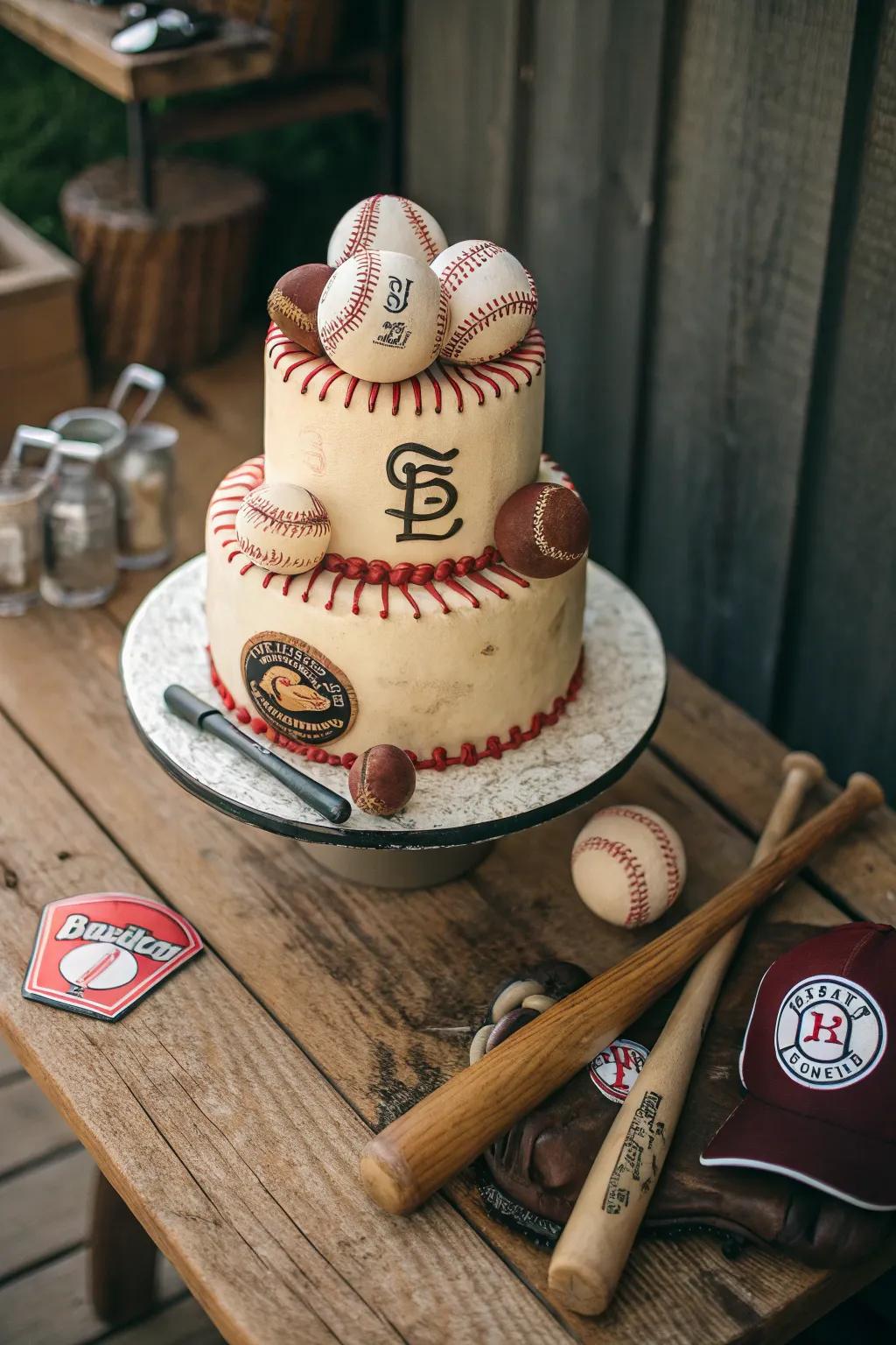 A retro baseball cake that’s both sophisticated and nostalgic.