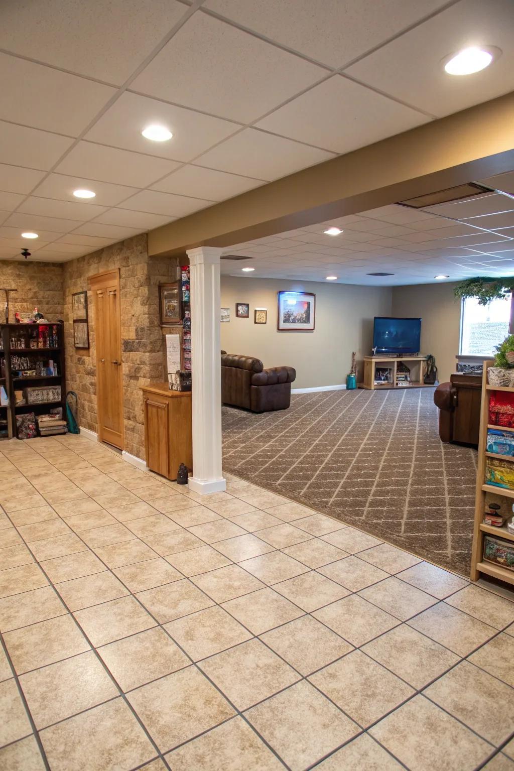 Tile and carpet blends offer practical zoning in basements.