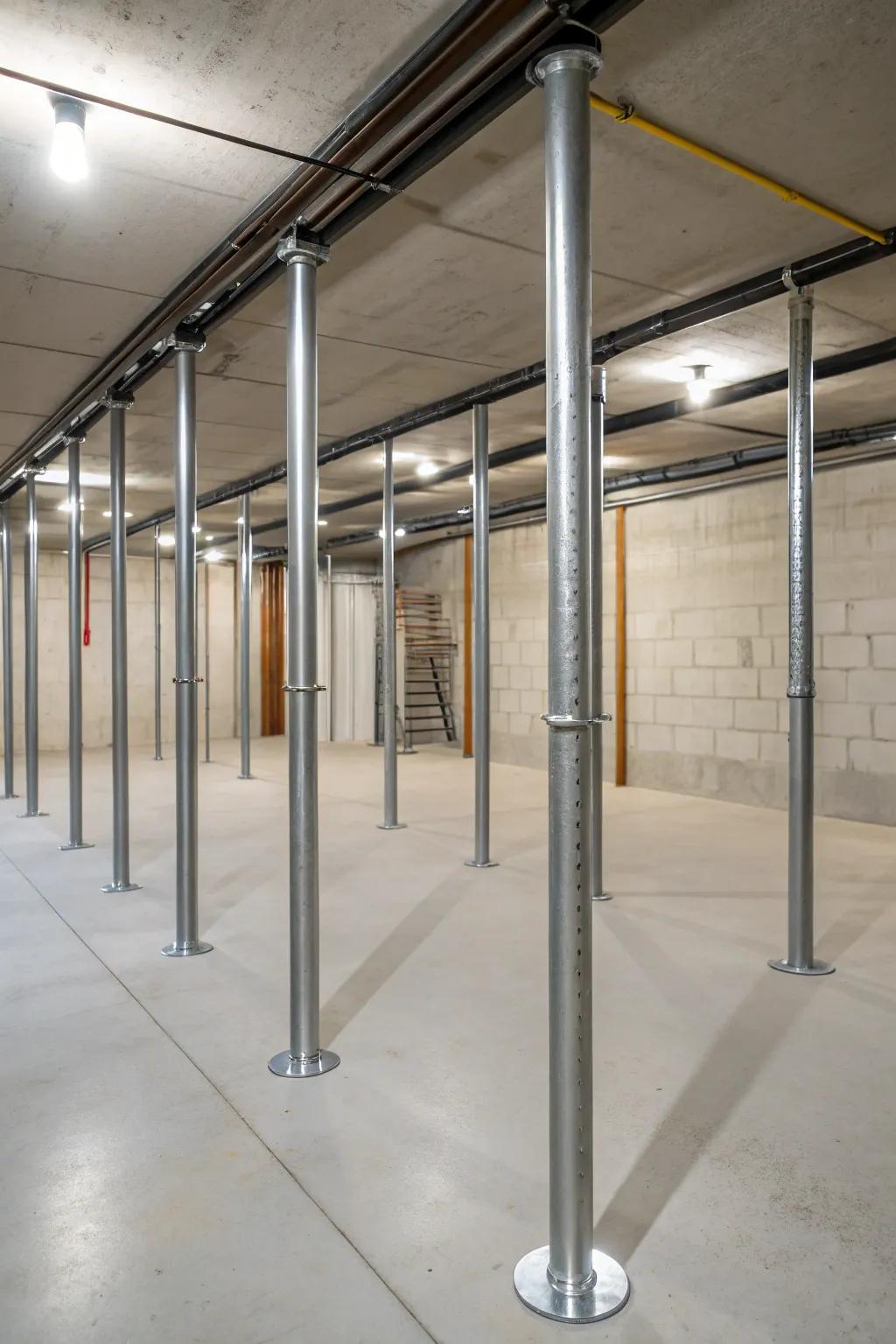 Metal accents provide a modern, industrial touch to basement posts.