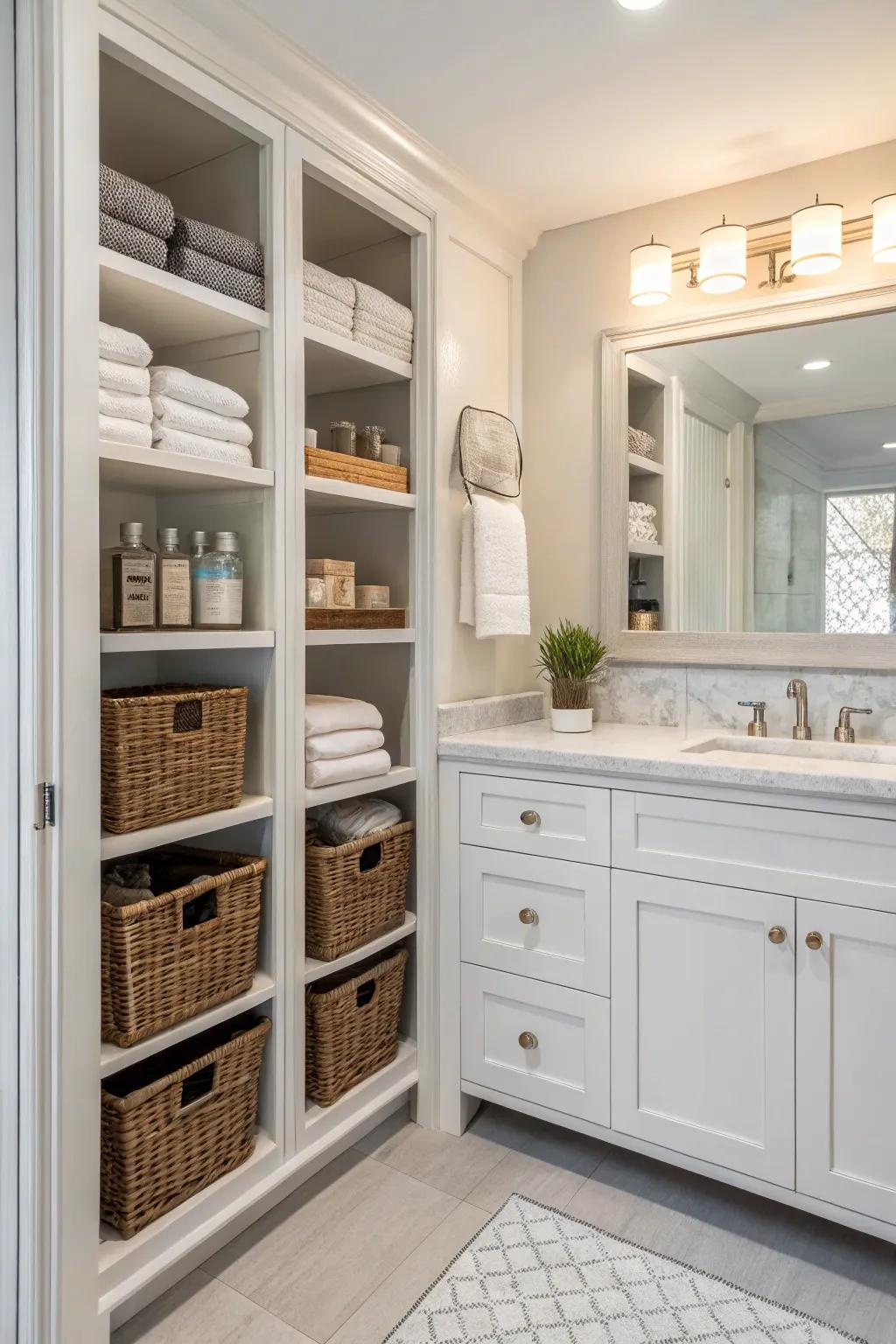 Tailored stash solutions heighten functionality and preserve your bathroom structured.