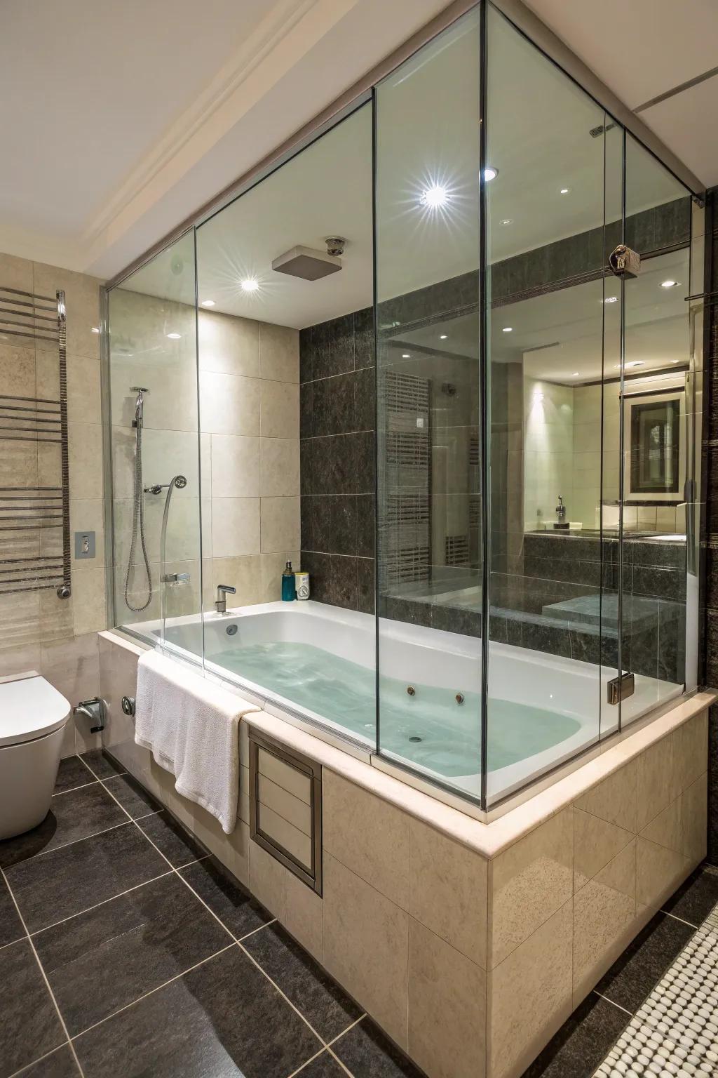 Glass encasements provide a modern and open sensation in the bathroom.
