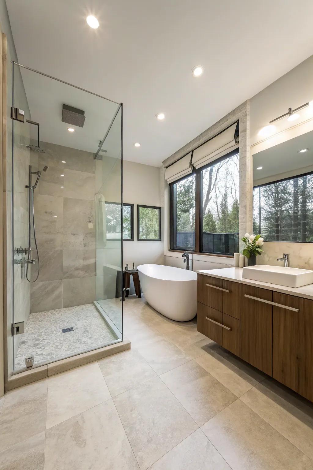 A lavatory arrangement that promotes smooth circulation with consistent flooring.