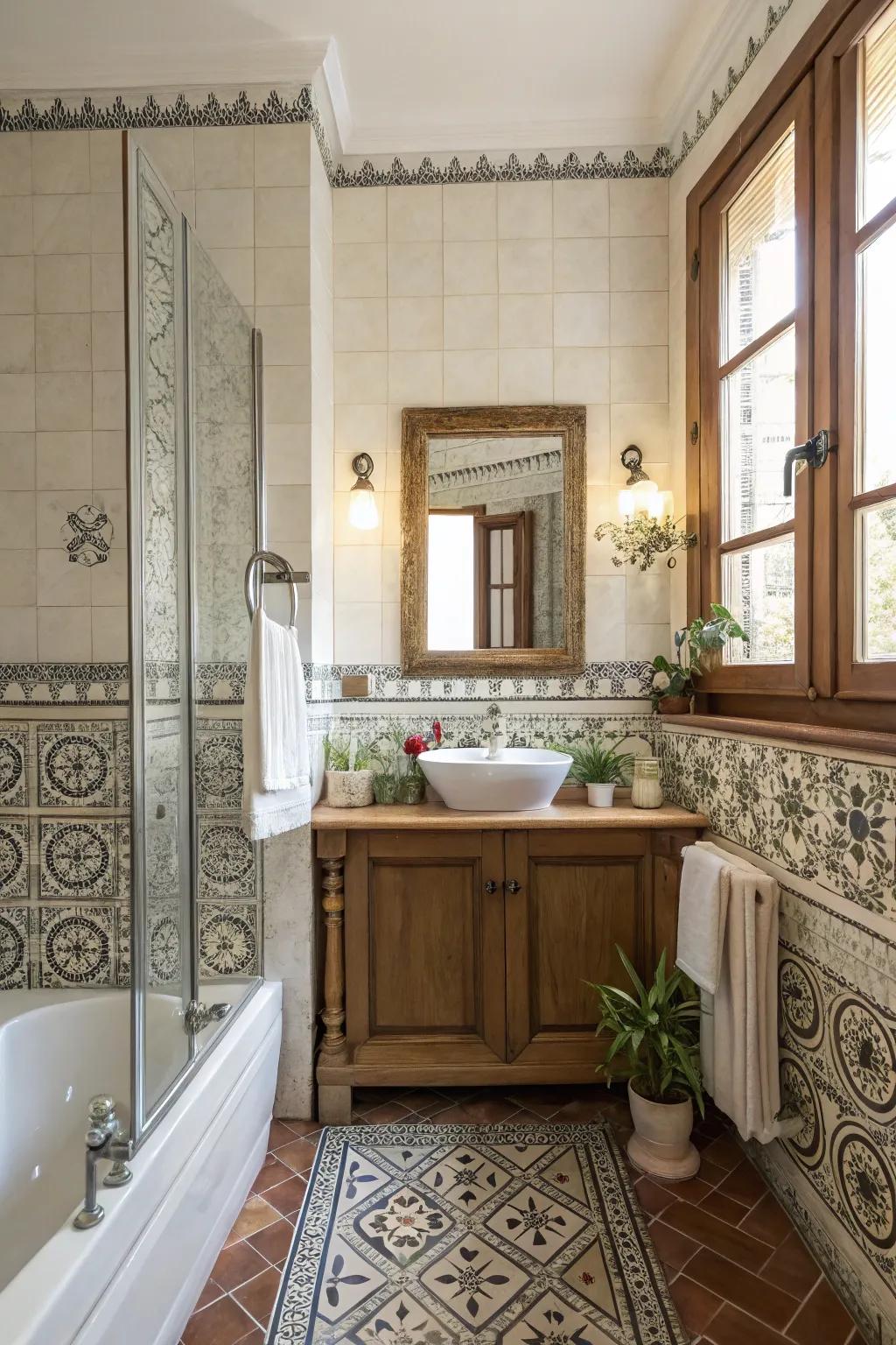 Vintage trims contribute charm and personality to bathroom spaces.