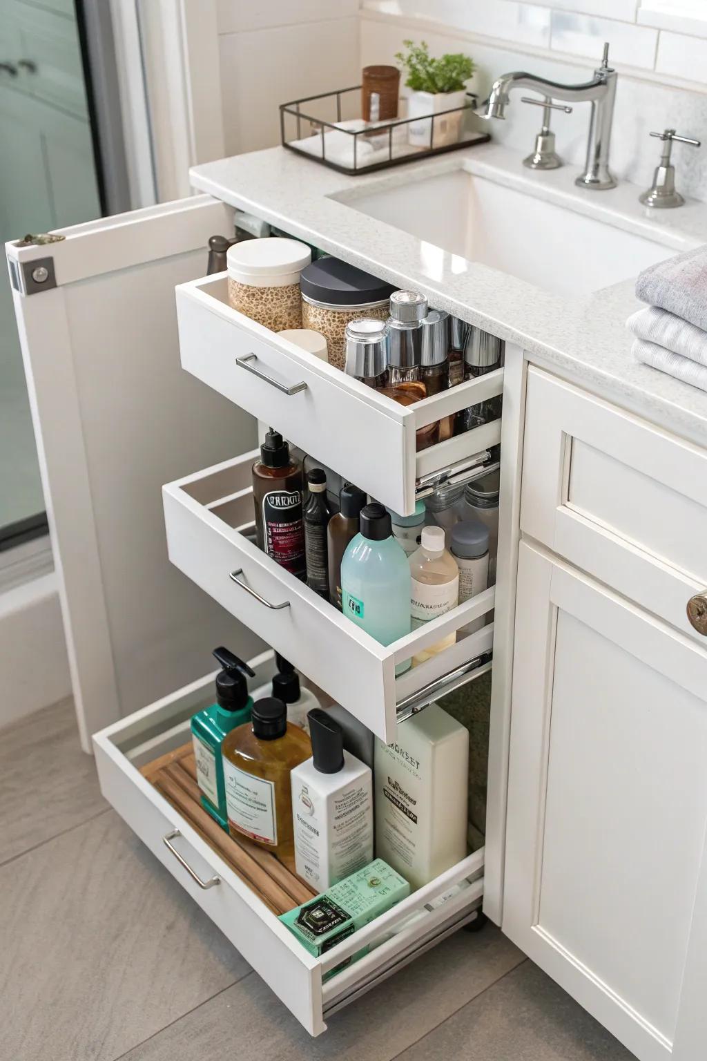 Vertical drawers keep tall items arranged.