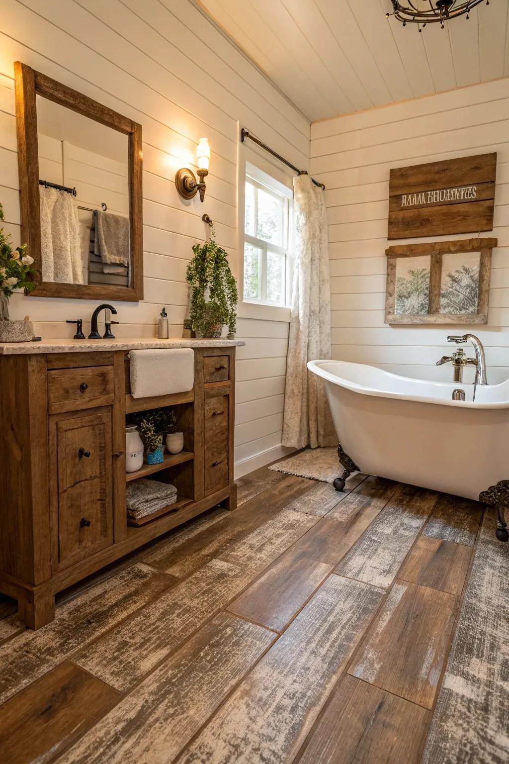 Weathered timber look plastic flooring adds rustic charm to this country-inspired bathroom.