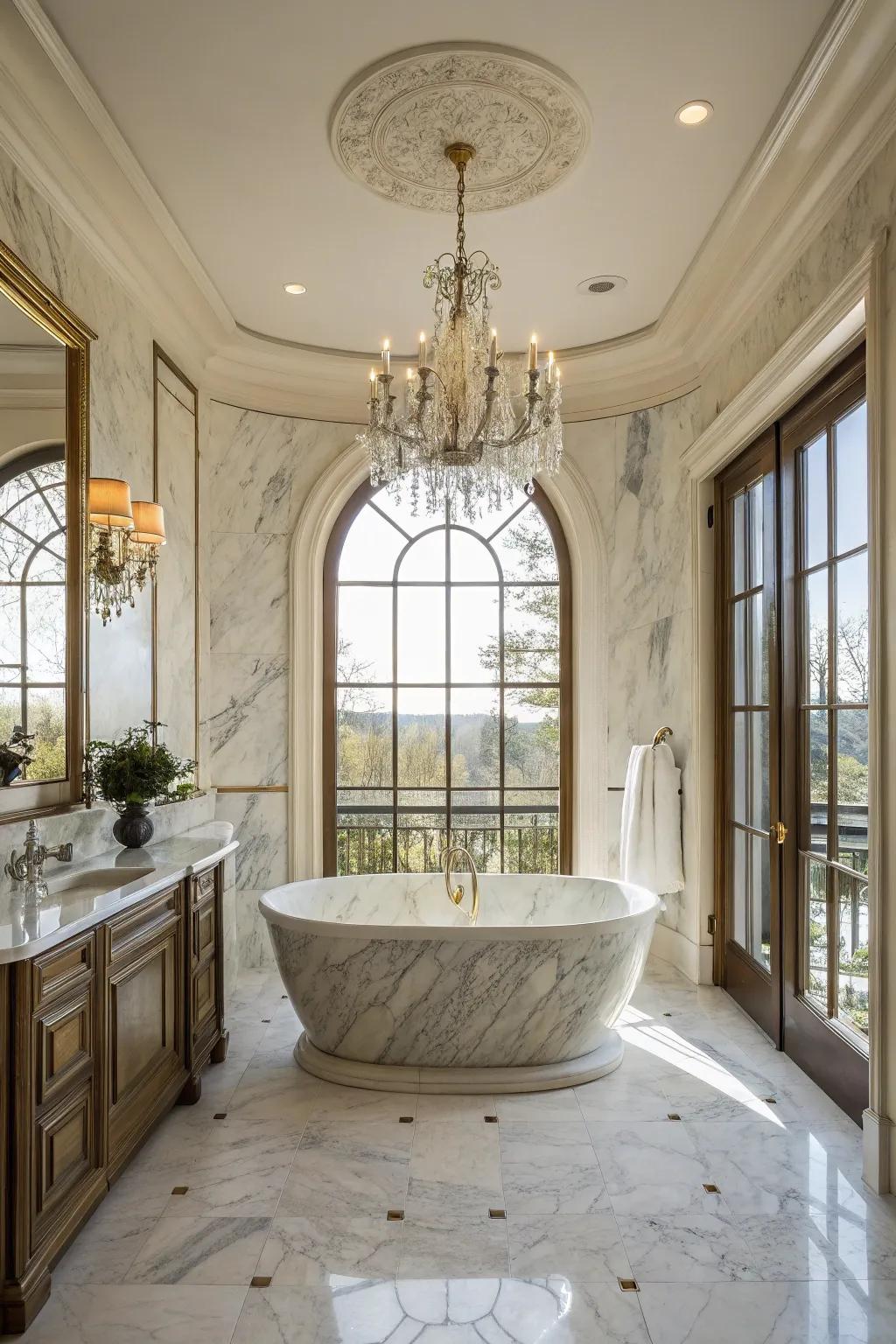 A marble surround contributes timeless elegance to this bathtub.