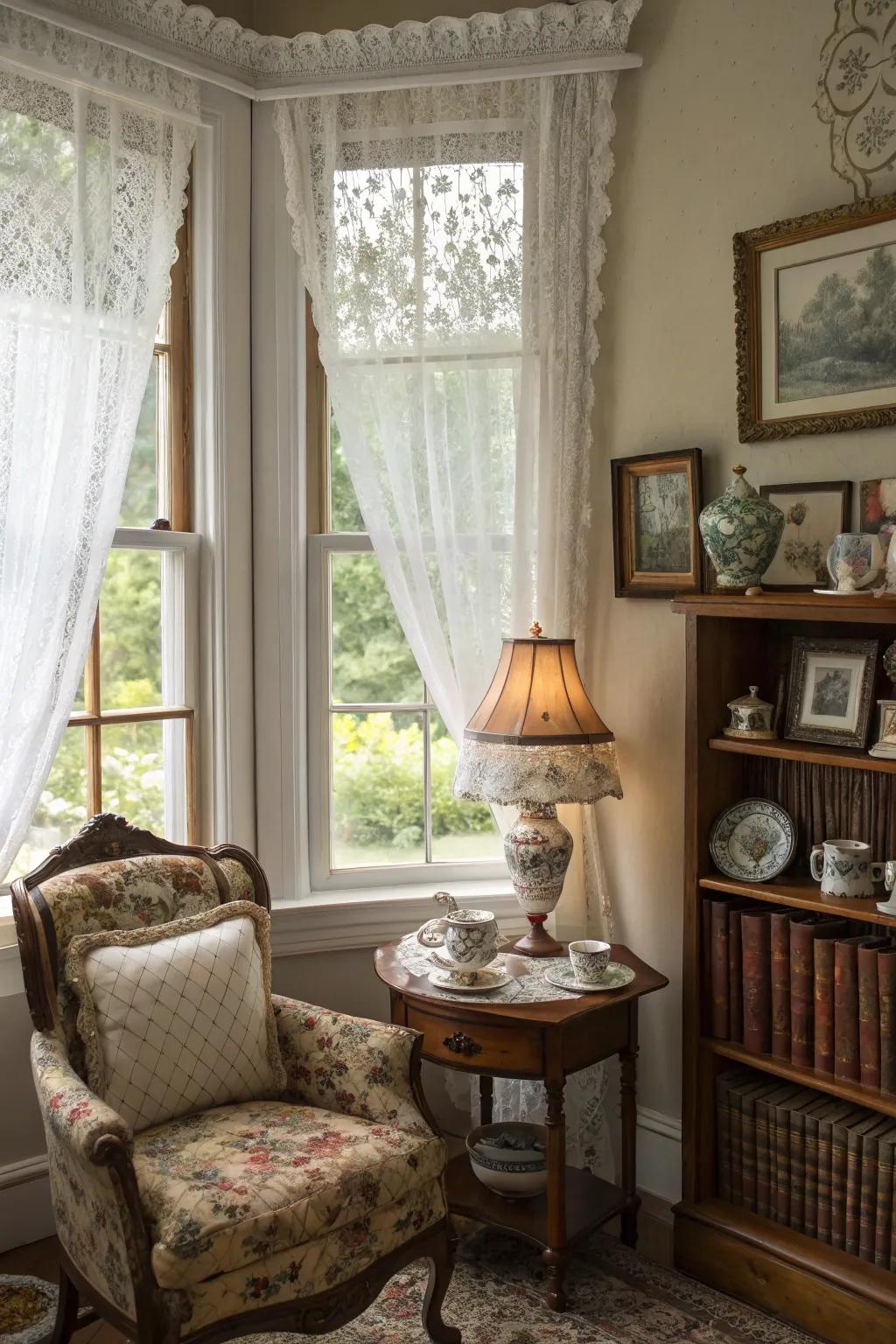 Add charm to your bay window with vintage furniture and decor.