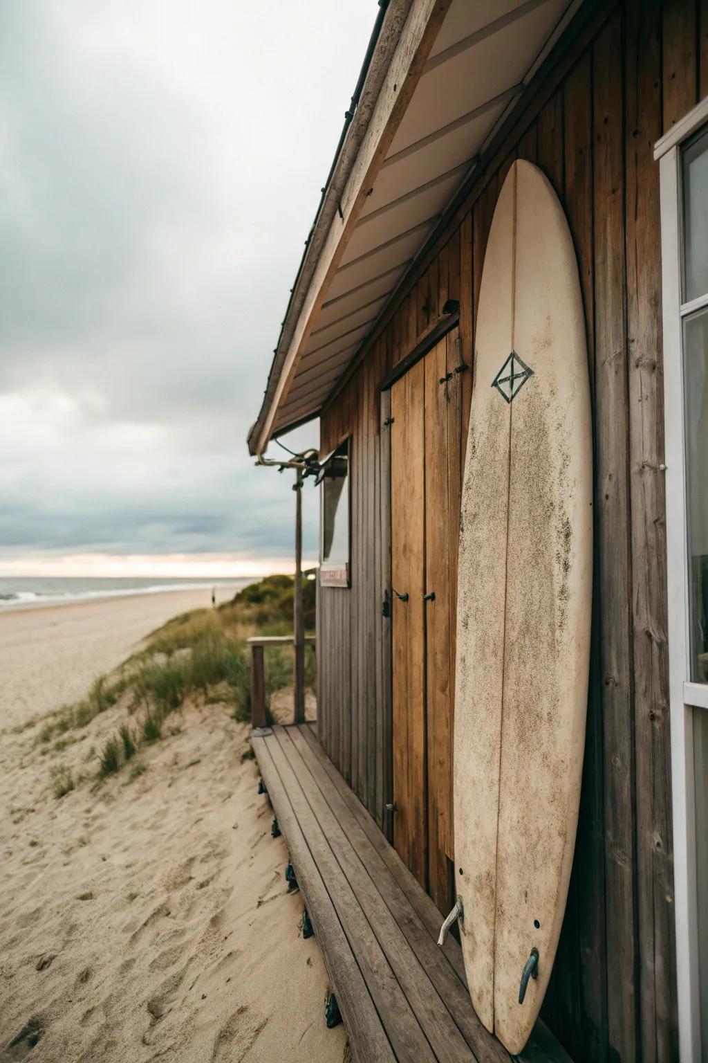A restored surfboard adds an authentic coastal touch to the beach shed.