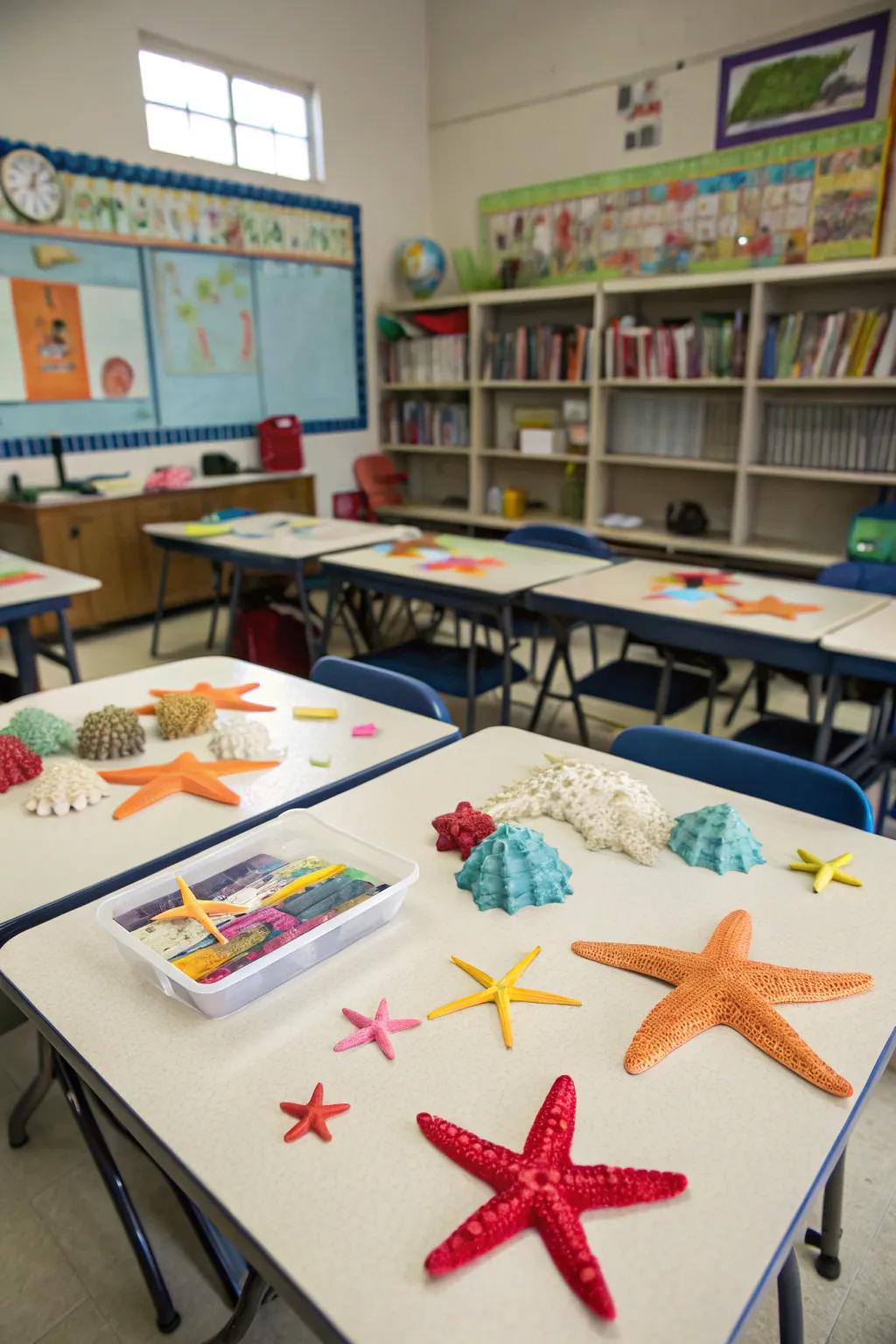 Starfish and coral ornamentation introduce natural coastal features into the classroom.