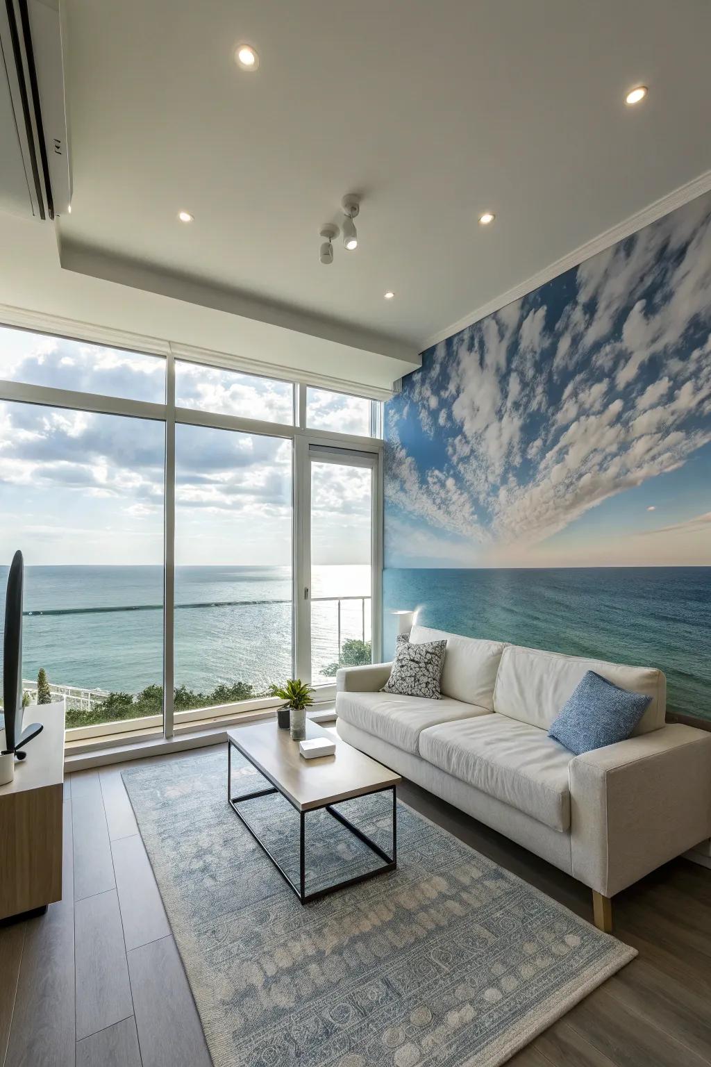 Expand your space using horizon-themed wallpaper for a continuous view.