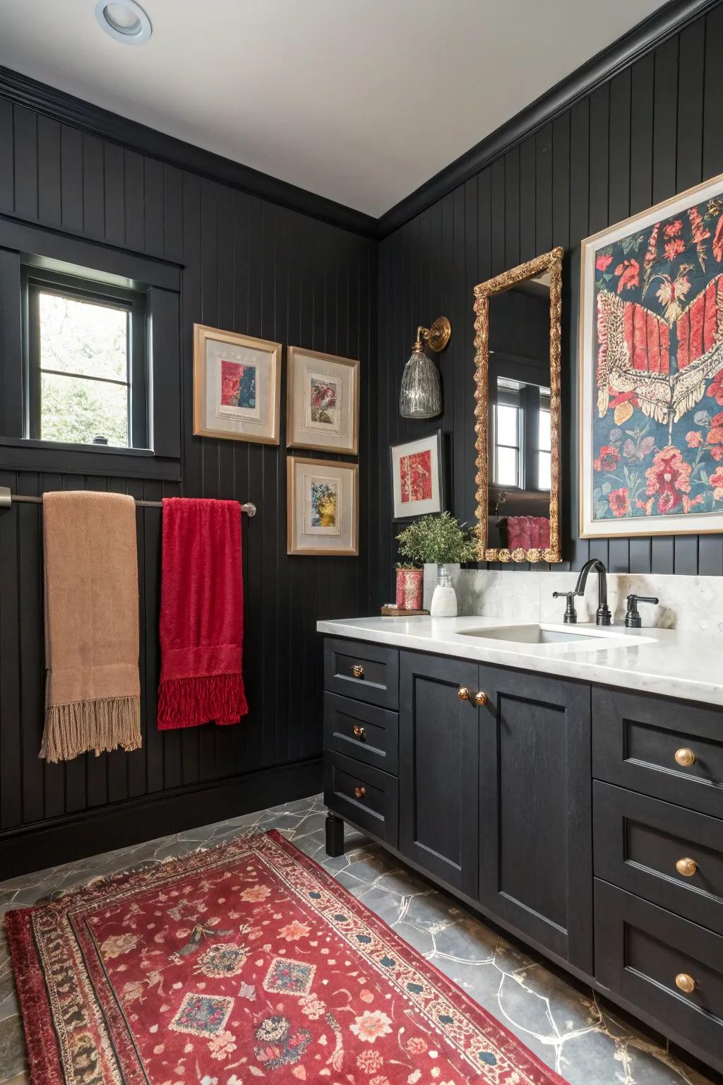 Dark plank panelling creates a striking, dramatic atmosphere.