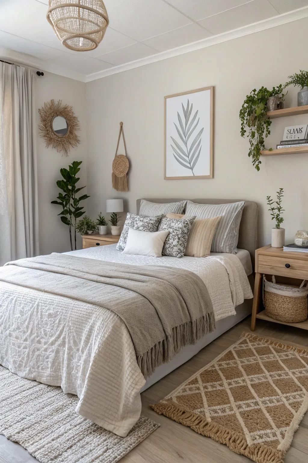 Subdued color schemes create a tranquil and unified bedroom.