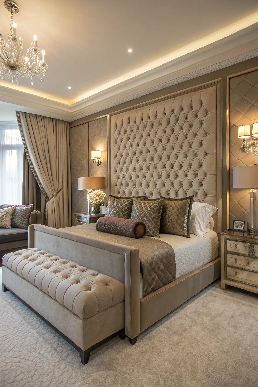 A curated hotel banquette strategically introduced into a bedroom domain, enriching visual appeal with touches of luxury and convenience.
