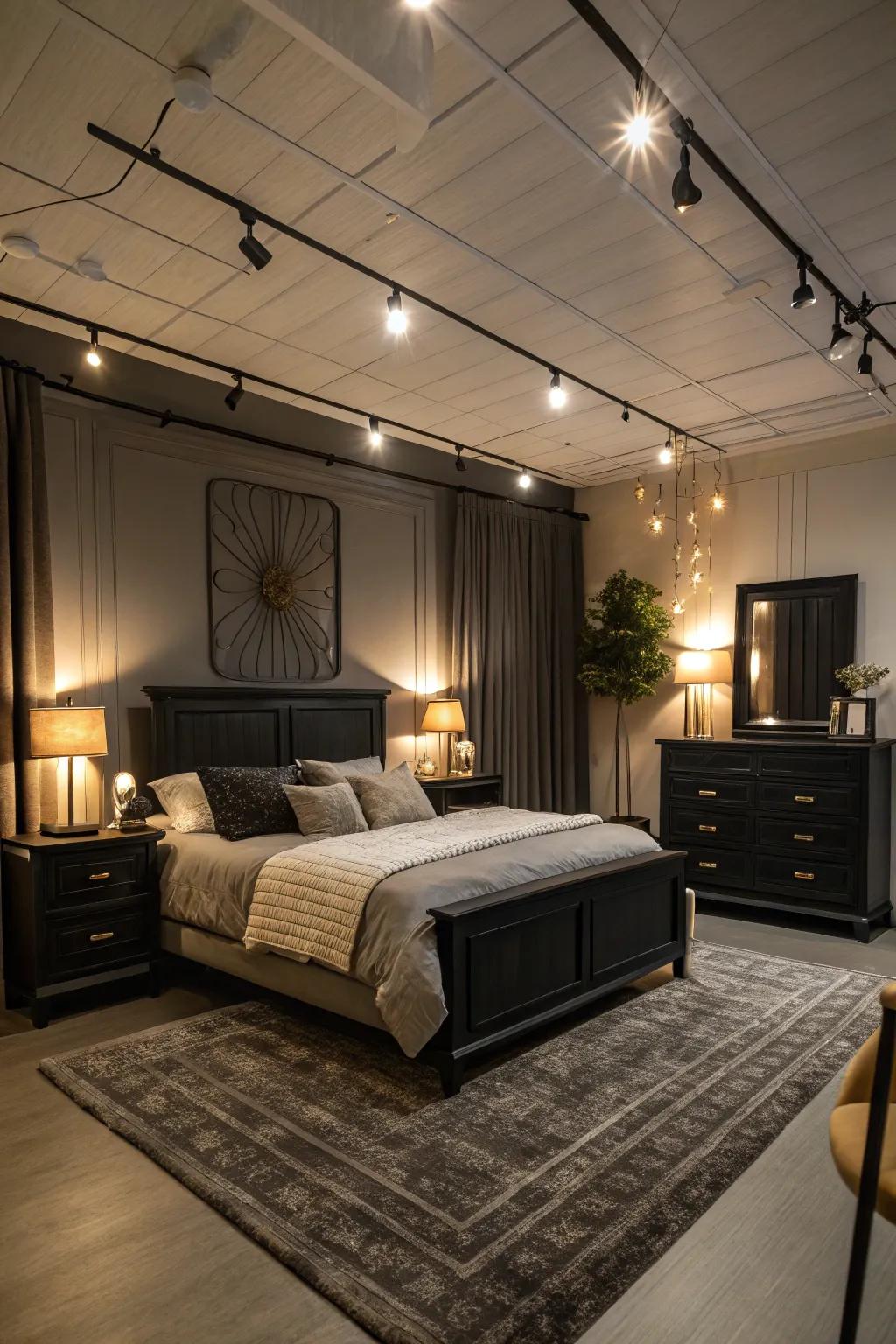 Strategic lighting highlights the features of ebony furniture, creating warmth.