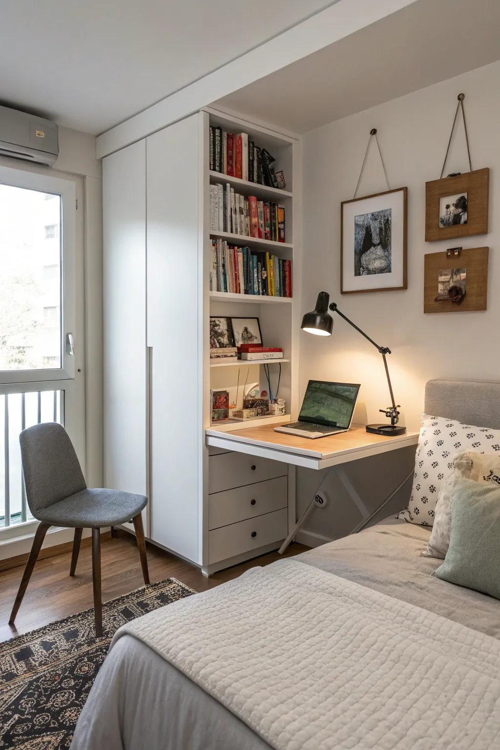 Incorporate a flexible workspace into your bedroom using a fold-down desk.