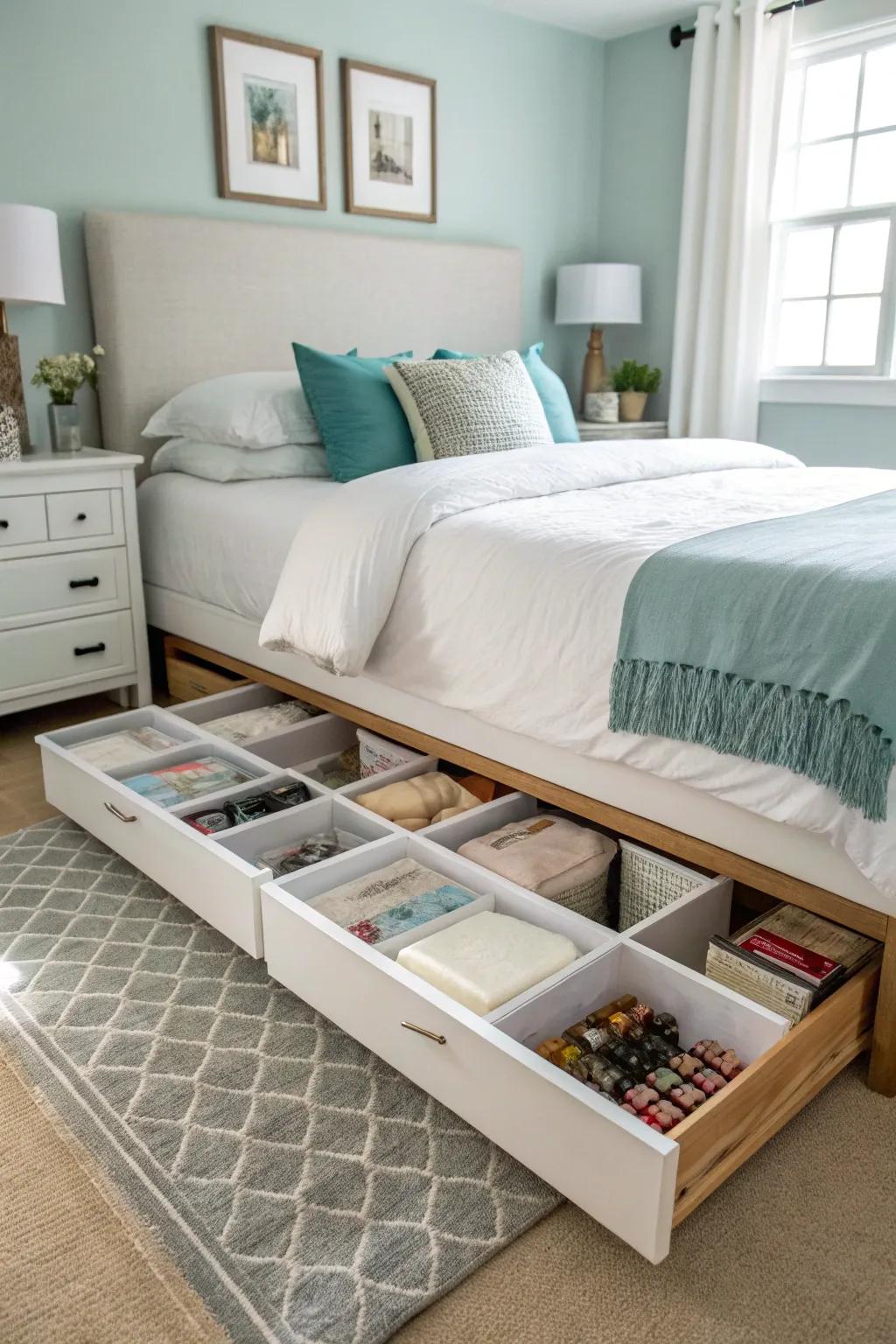 Under-bed space keeps the bedroom organized and clutter-free.