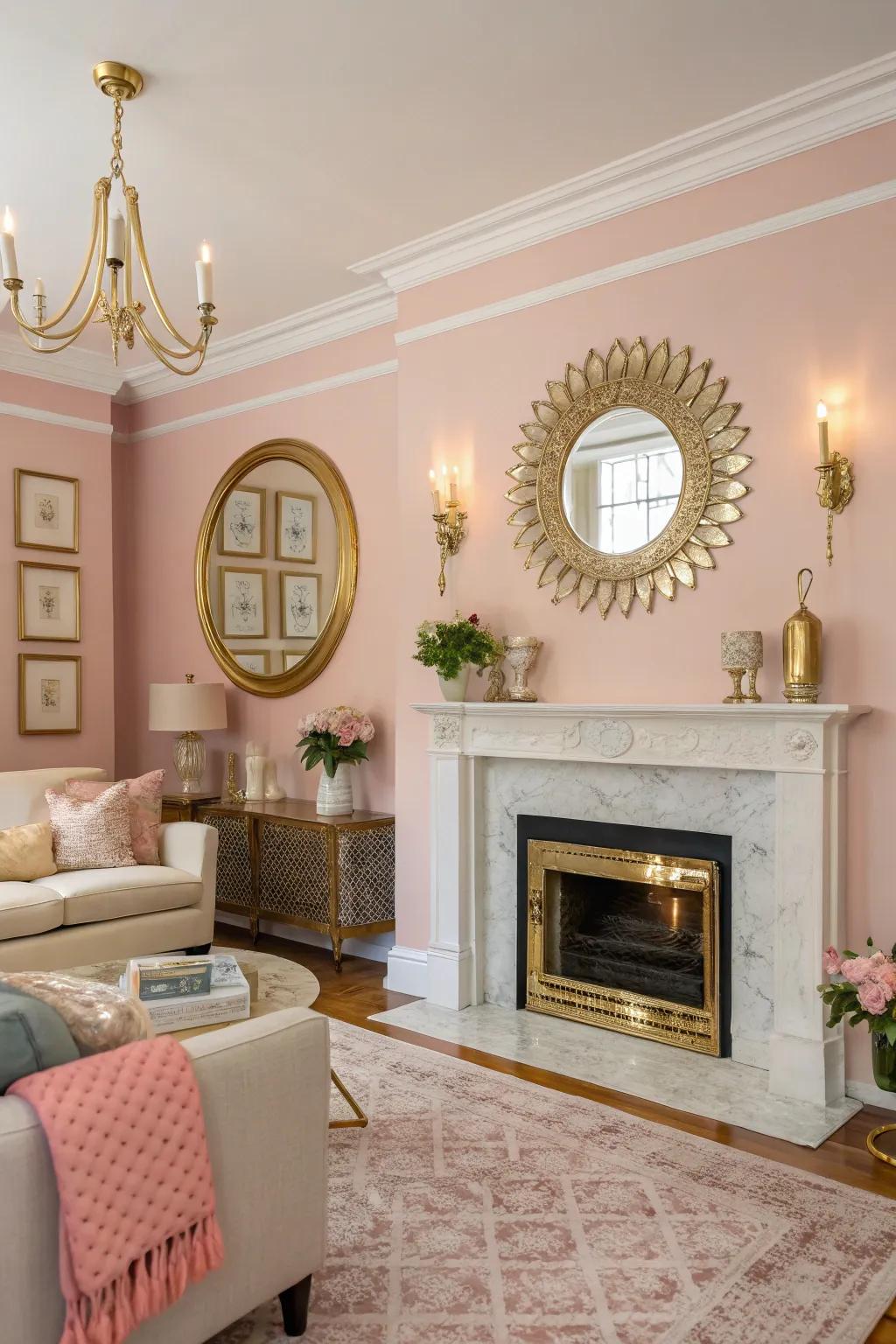 Rouge pink walls craft a romantic and snug environment.