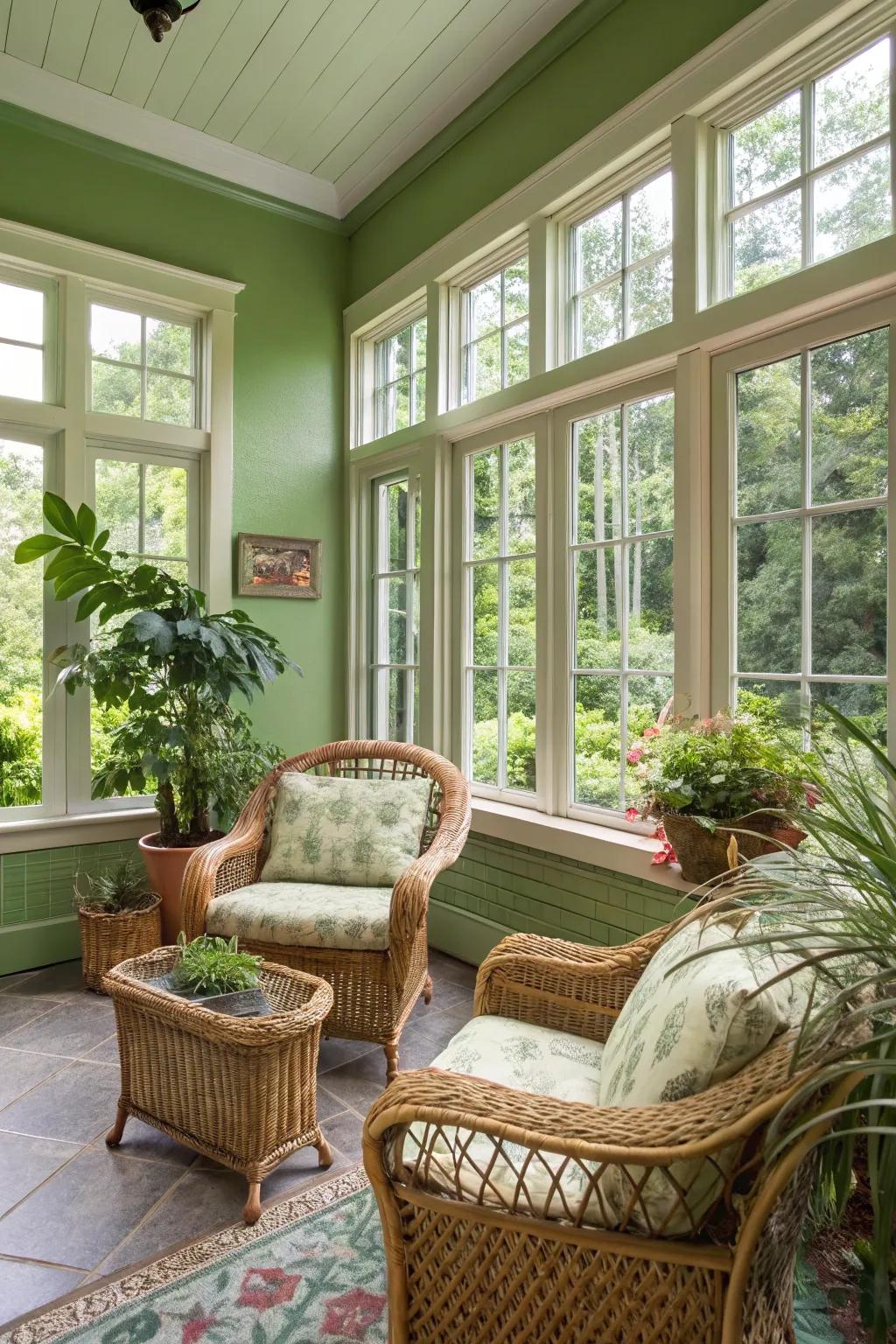 A revitalizing sunroom featuring garden green walls.